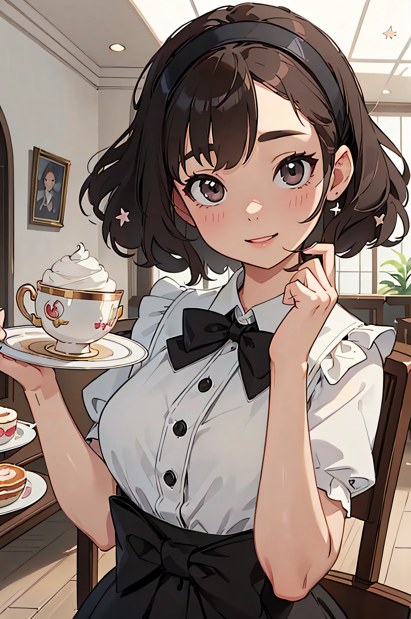 (masterpiece), (portrait), (aesthetic), (beautiful), (upper blody), (high quality), (aesthetic clothings), (professional angle), (rule of thirds), (Feminine), (woman), (female), (beautiful),(feminine features), (25 years), solo, 1 woman, (attractive Japanese), Summer, Soft light, (()), (Elegant), Natural Makeup, (Average bust), ((Tray with Tea Cups)), (Front face), (Pleasantly Smiling expression), ((Polite and Welcoming)), (Headband and Ribbon and Bow Tie and Lace Gloves), ((Medium hair)), (Black hair), (Wavy hair), (Thick hair), Lustrous shine hair, (Hairpin and Bow Tie in Hair in hair), (Brown eyes), (Friendly and Graceful look), (Fair skin), (Soft Colors clothing), (Maid Dress), (Apron), (Frilly Skirt or Dress), Peter Pan Collar neckline), ((Café Interior background)), (Medium Shot Shot), beautiful hands, two hands, normal hands, two arms, complete hands, beautiful body, beautiful fingers, normal fingers, five fingers, five fingers, (Thumb index meddle ring little fingers), beautiful ears, normal ears, beautiful eyes, shiny eyes, beautiful mouth, beautiful lips,