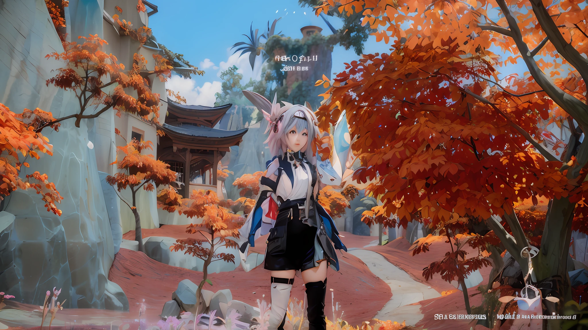 ((Best Quality)),((Masterpiece)). (Detail:1.4),3D Anime - Screenshot of a woman in a pink outfit in a forest, pink double-tailed hair and cyan eyes, Ayaka game Genshin Impact, Ayaka Genshin Impact, Sakura Haruno in Slug Sage mode, <MMORPGS scene, Sakura season dynamic lighting, gameplay screenshot with user interface, Katana Zero video game character, fashion gameplay screenshot, 8K character details