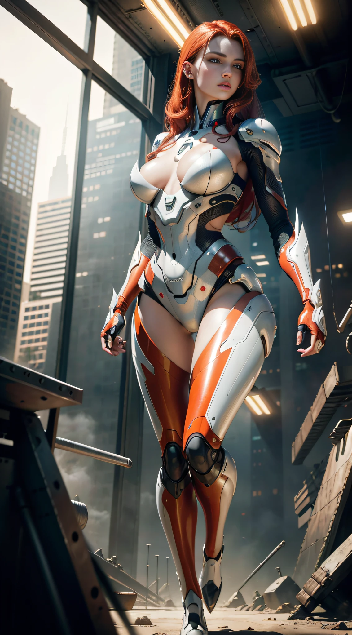 RAW, masterpiece, ultra thin photo, best quality, ultra high resolution, photorealistic, sunlight, full body portrait, incredibly beautiful, dynamic poses, sexy, delicate face, vibrant eyes, (red hair), she is wearing a futuristic wolverine unform, adamantium claws in her hands, red and gold color scheme, highly detailed robot factory background, detailed face, detailed and complex busy background,  messy, gorgeous, milky white, highly detailed skin, realistic skin details, visible pores, sharp focus, volumetric mist, 8k uhd, dslr camera, high quality, film grain, fair skin, photorealism, lomography, expanding metropolis in futuristic dystopia, view from below, translucent,
