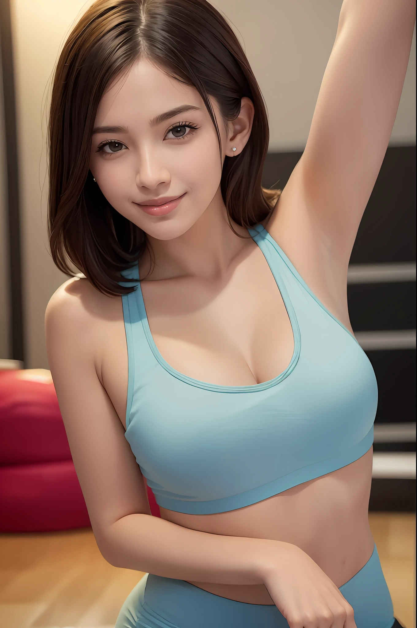 (8K, Best Quality, Masterpiece: 1.2), (Realistic, Photorealistic: 1.37), Super Detail, 1 Girl, Yoga Class, Big, Beauty, Cute, Smile, Solo, Run, (Redness of the Nose), (Smile: 1.15), (Mouth Closed), (Mouth Closed), Beautiful Eyes, Middle Hair, Floating Hair Novafrog style, upper body
