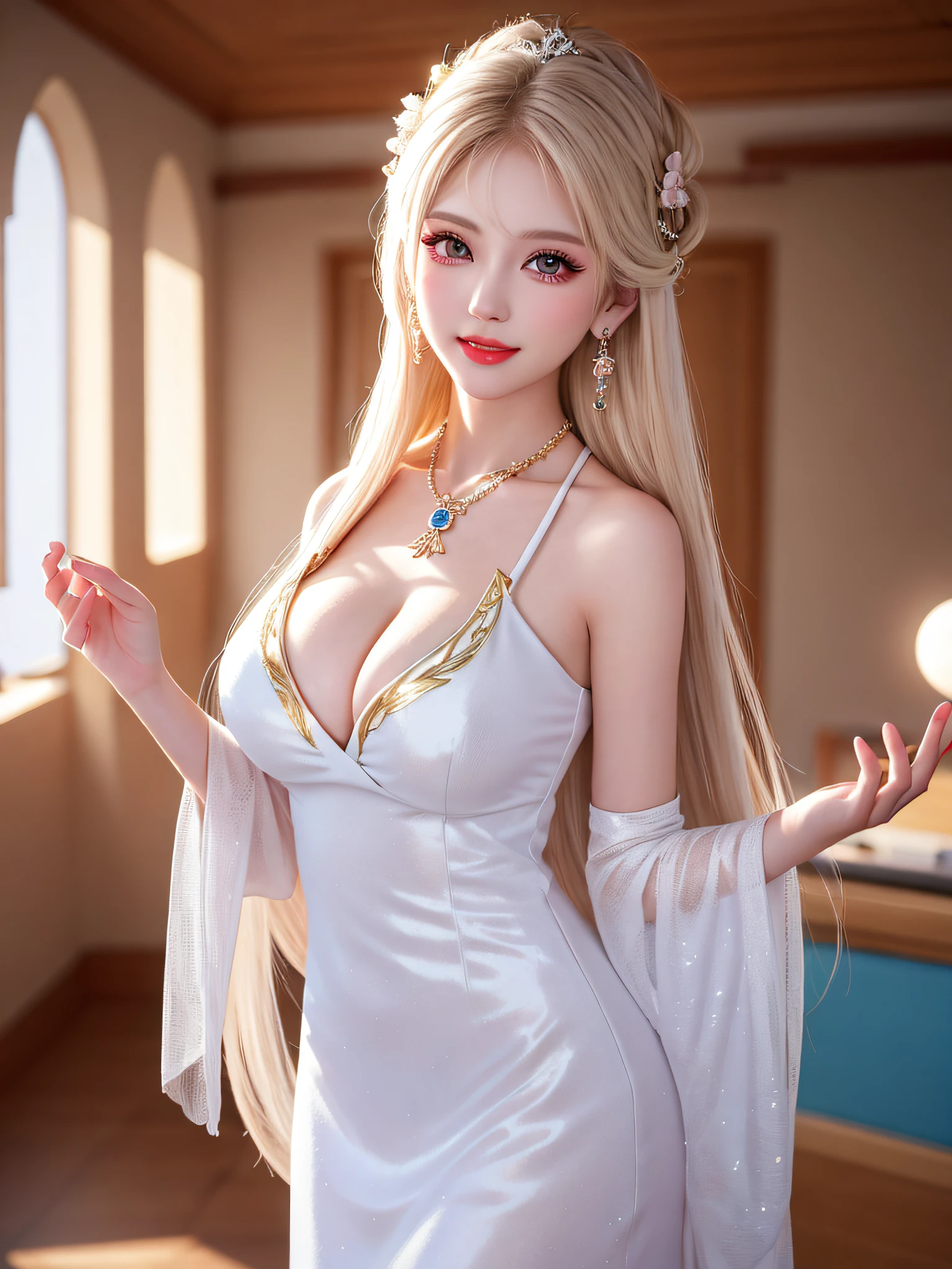 Female teacher standing in the classroom v6, necklace, earrings, full body v6, long white hair, translucent clothes, visible, superb, ultra-high-definition, RAW photo, realism: 1.25), (bright lip gloss, long eyelashes, smooth face, light skin, natural shadows, wide light, wide light, depth of field, strong colors, subtle caustics: 0.8), smile, (big tits), v6