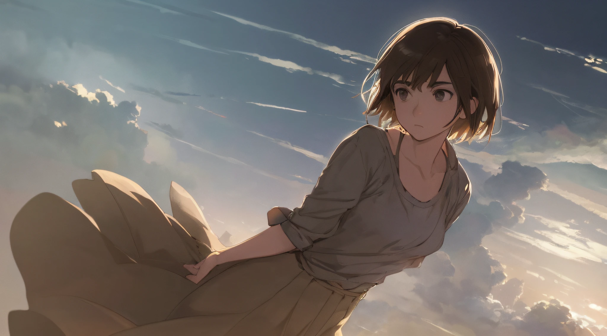 Very detailed and precise anime style illustration, very beautiful young woman, solo, brown short hair, wearing gray shirt, gray long skirt, perfect round gray eyes, fantastic scene with thick fog. Dramatic iridescent lighting, bold composition, Makoto Shinkai anime style.