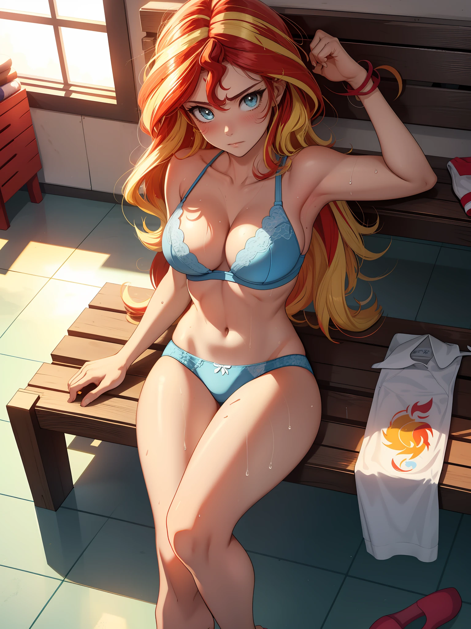 Sunsethuman, Sunset Shimmer, Sunset Shimmer from my little pony, Sunset Shimmer in the form of a girl, big breasts, lush breasts, voluminous breasts, firm breasts, sweat, wet with sweat, shin, heels, feet, five fingers, detailed hands, two tones of hair, red and yellow hair, lying, solo, one character, bare feet, no shoes, legs apart, gym locker room, (lying on his back), lying on a bench without a back,  white lace underwear, legs apart, iron blue cabinets, tiled floor, top view, wet floor, (in white underwear), thin, no muscles, normal body