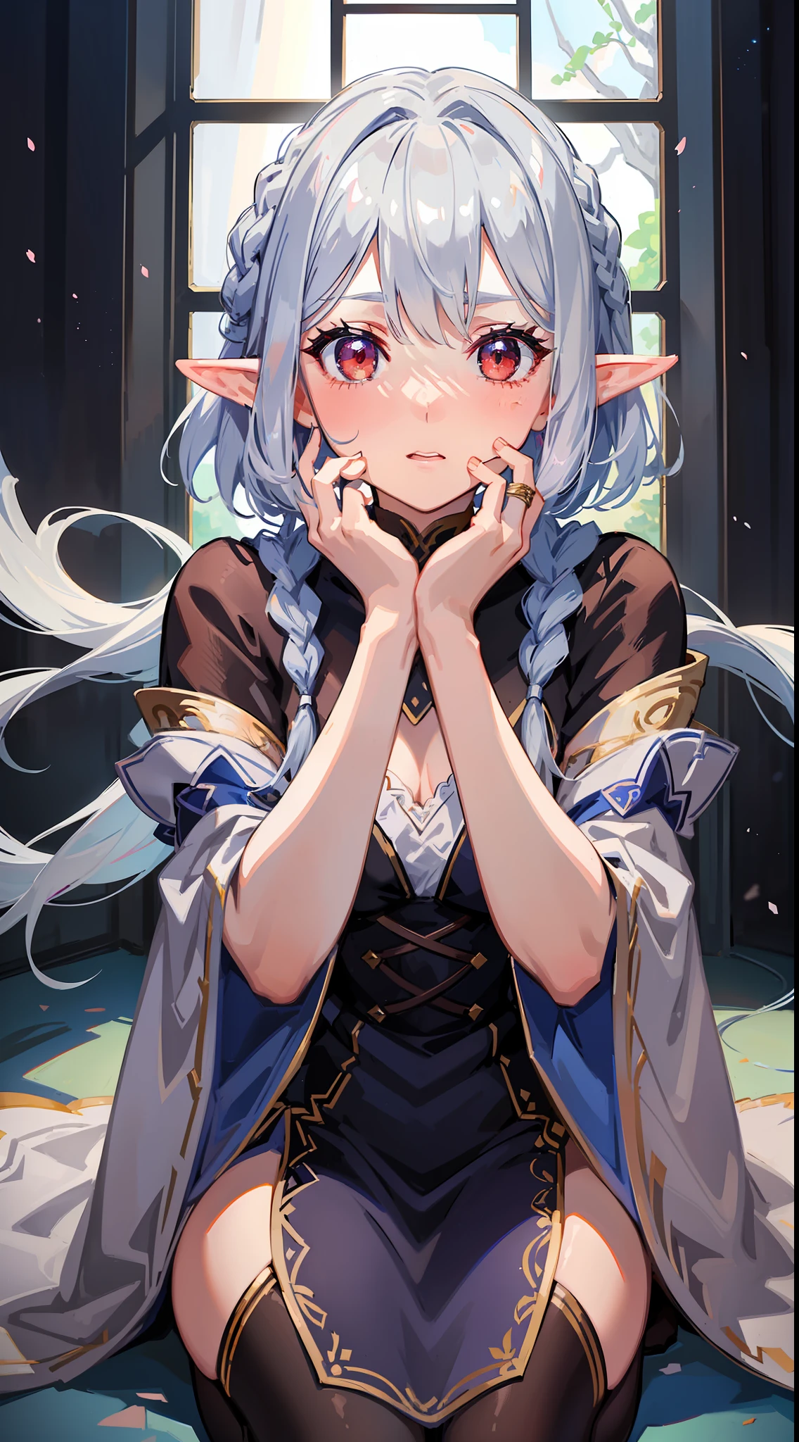 1 Girl close-up, elf, silver hair, red eyes, bob cut, braid, ((facing forward)), ((putting both hands on one's face)), (surprised), (blushing), fantasy style costume, wizard, robe, long skirt, indoor, kneeling, concept art, beautiful anime scene, beautiful anime scenery, top rating on pixiv, top quality, 4K