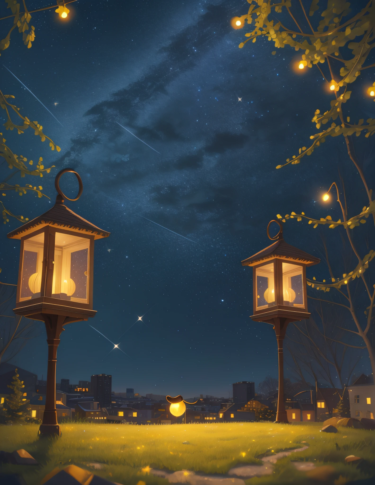 Starry night sky in a city, magical night, (8k illustration), (Best quality) (Intricate details) (8K) (night sky)