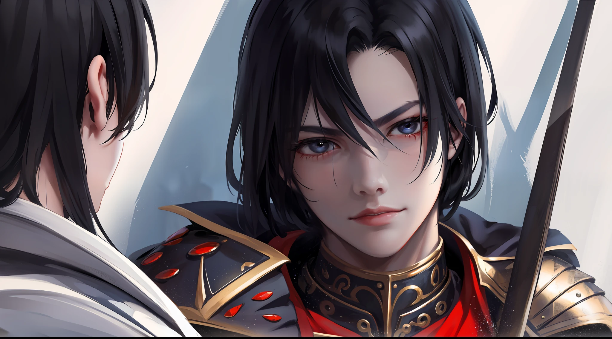 A young man with resolute eyes, a beautiful face, a bust, long black hair, blood armor, Tang-style armor, reflection
