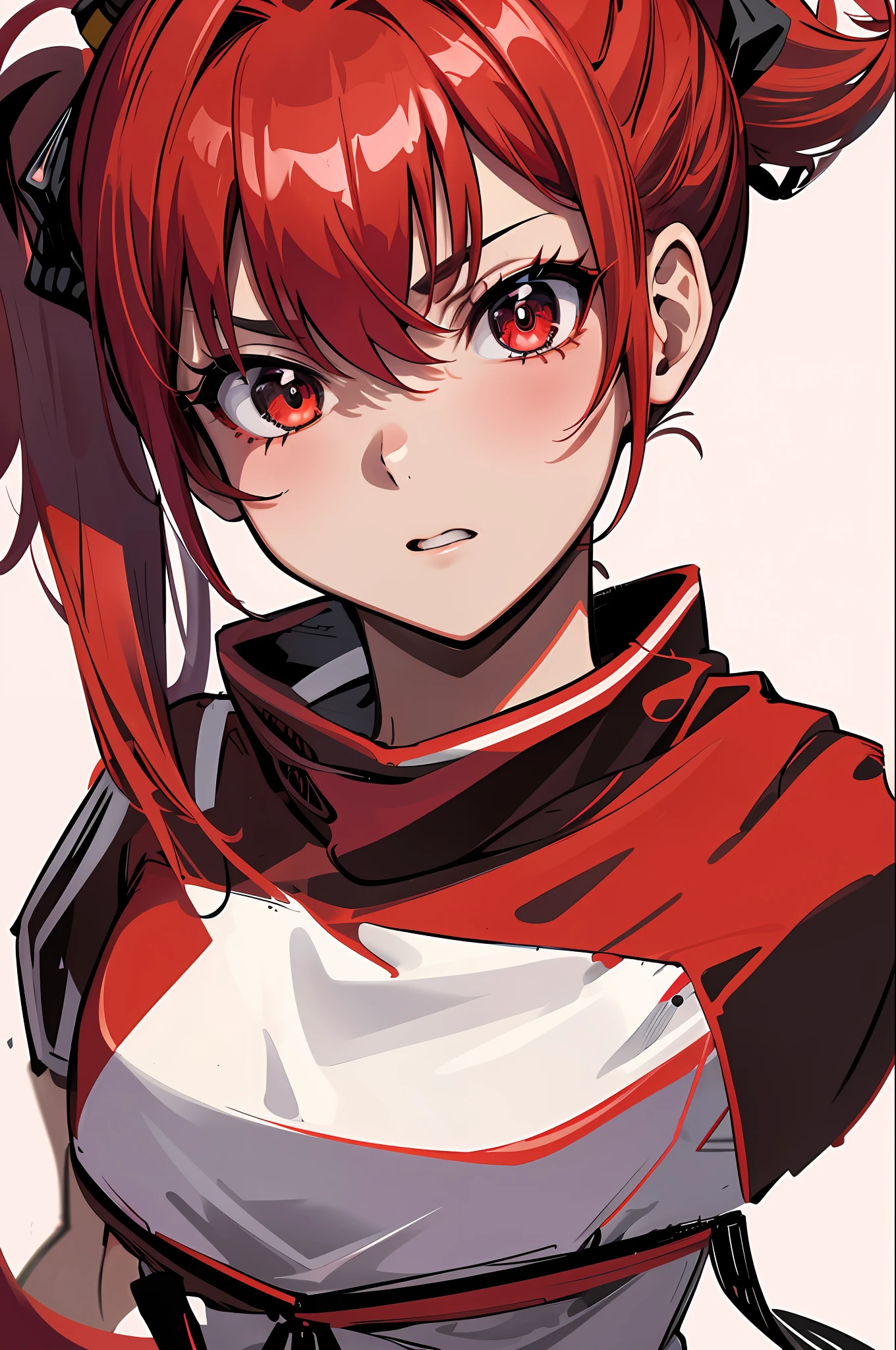 (pt) Masterpiece, unparalleled image quality, exquisite attention to detail, dynamic or static scene featuring a vibrant red ponytail-wearing character (1girl) with highly detailed lines, sporting a backward cap and tied-up ponytail, all while exuding an intense gaze.
