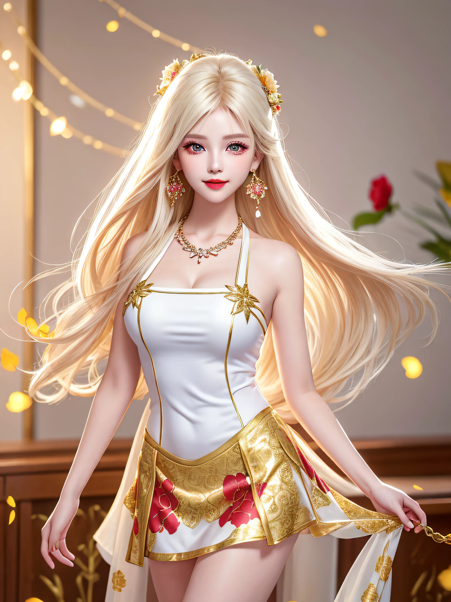 Female Teacher Standing in Classroom v6, Necklace, Earrings, Full Body V6, (Long Golden White Hair), Translucent Clothes, Looking, Superb, Ultra High Definition, RAW Photo, Realism 1.25), (Bright Lip Gloss, Long Eyelashes, Smooth) Face, Bright Skin, Natural Shadows, Wide Light, Wide Light, Depth of Field, Strong Colors, Subtle Caustics: 0.8), Smile, (Big), V6 ( one-piece miniskirt with red floral pattern on a white background), without sleeves,