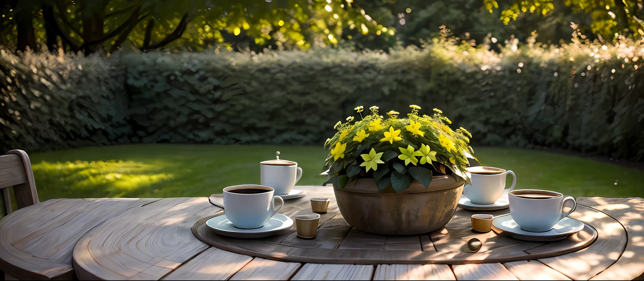 Realism, hyper-realism, soft, vivid, Zeiss_style, coffee on table in back garden, outdoor, masterpiece, best quality, super detailed, high resolution, very detailed, 8k uhd, (fidelity, fidelity: 1.5), (natural light), amazing, photon mapping, radiosity, amazing physically based rendering, fine detail, best, high quality, raw photos, (bokeh: 0.8), realistic, (depth of field: 0.8), bokeh background,