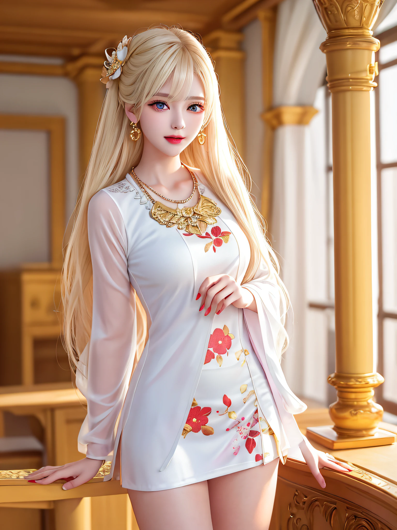 Female Teacher Standing in Classroom v6, Necklace, Earrings, Full Body V6, (Long Golden White Hair), Translucent Clothes, Look, Superb, Ultra High Definition, RAW Photography, Realism 1.25), (Bright Lip Gloss, Long Eyelashes, Smooth) Face, Bright Skin, Natural Shadows, Wide Light, Wide Light, Depth of Field, Strong Color, Subtle Caustics: 0.8), Smile, (Big), V6 Japan, ( Silk one-piece miniskirt with red floral pattern on a white background), no sleeves,