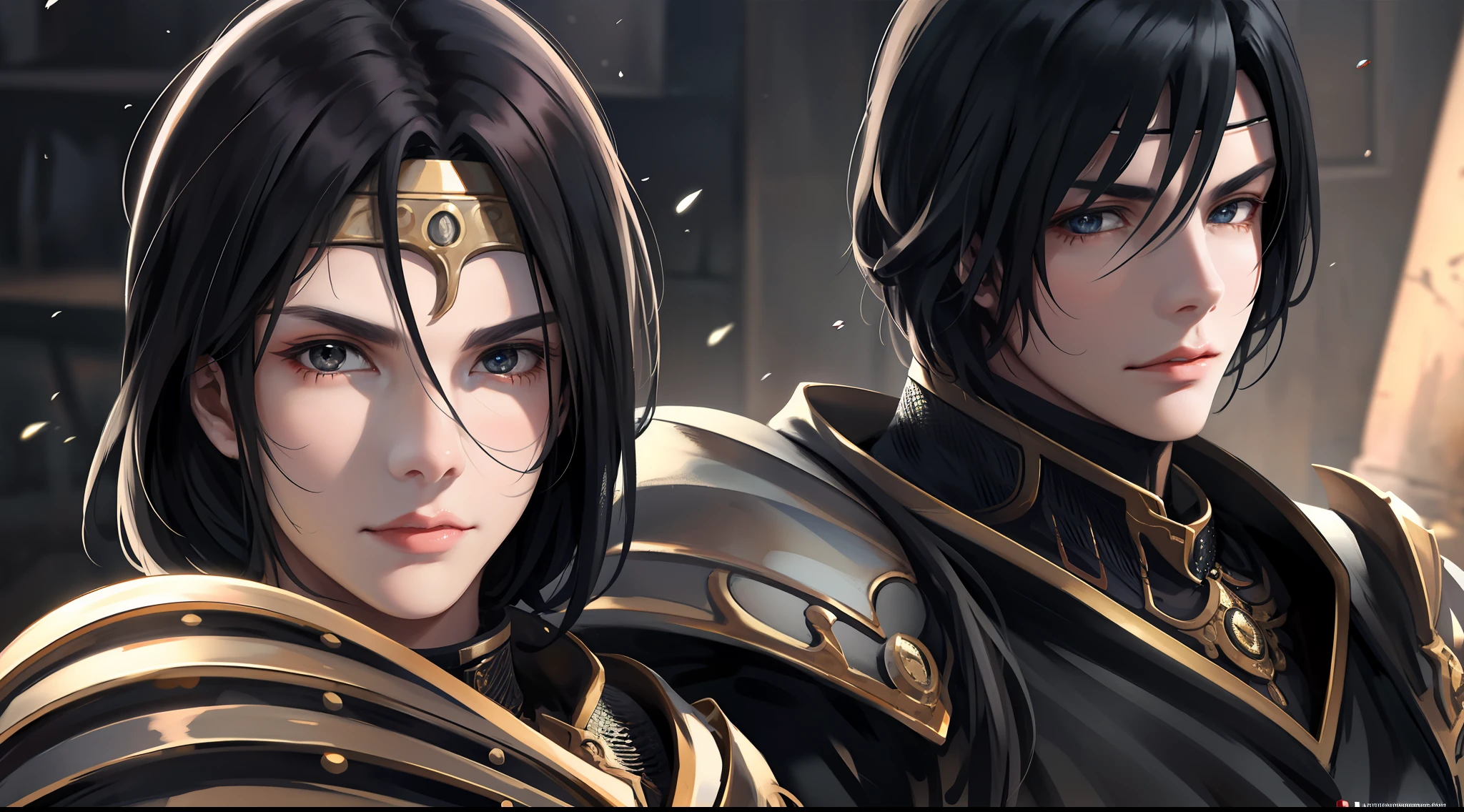 A young man with resolute eyes, a beautiful face, a bust, long black hair, blood armor, Tang-style armor, reflection