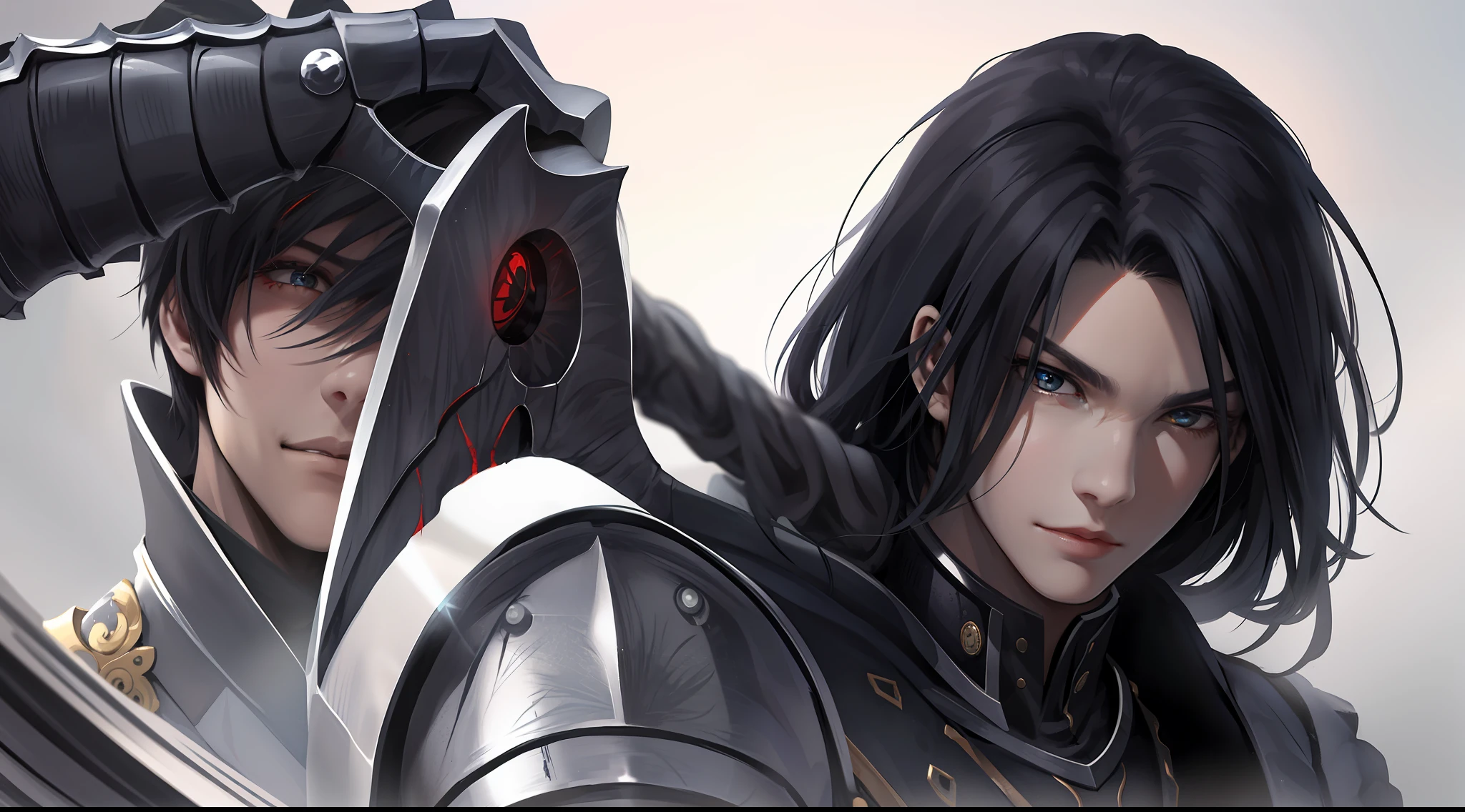 A young man with resolute eyes, a beautiful face, a bust, long black hair, blood armor, Tang-style armor, reflection