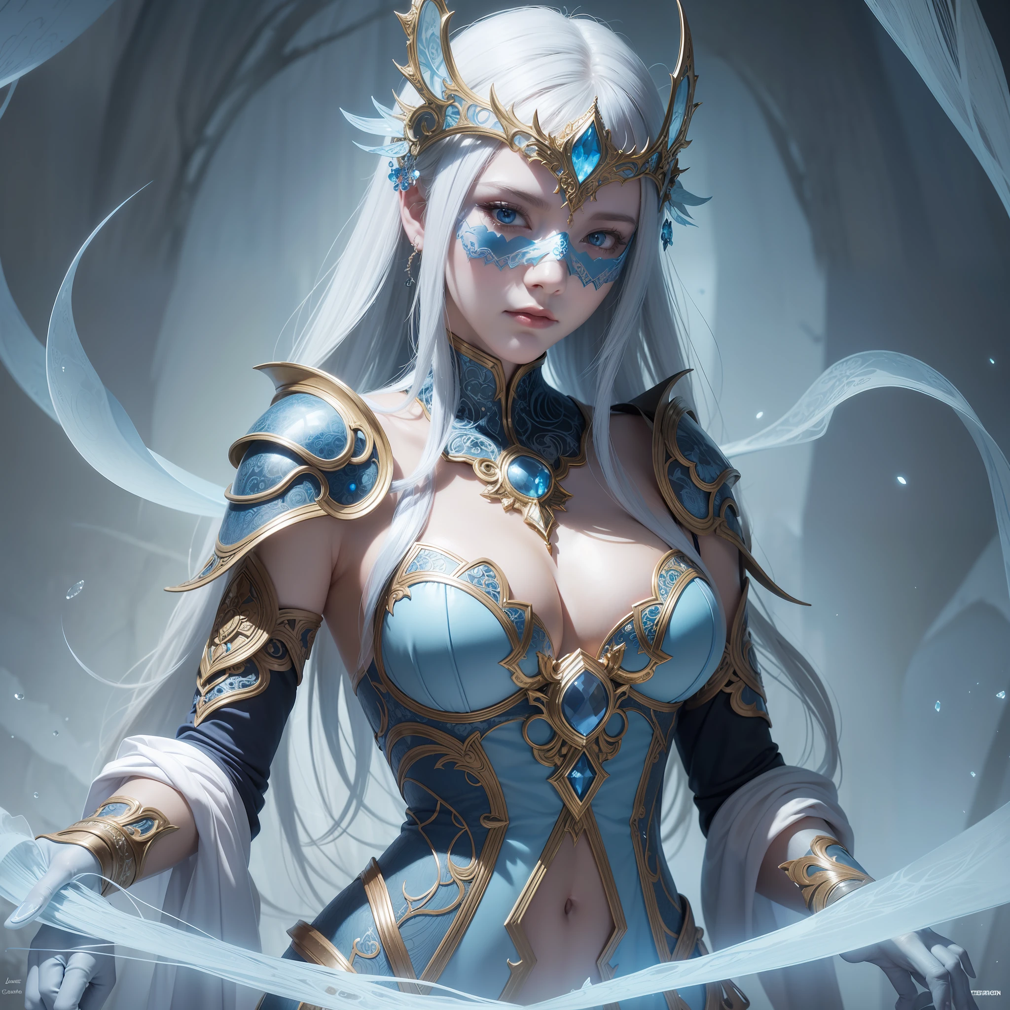 an image of a woman in a mask, in the style of detailed fantasy art, dark white and light blue, translucent layers, intricately textured, fantasy characters, airbrush art, eerily realistic