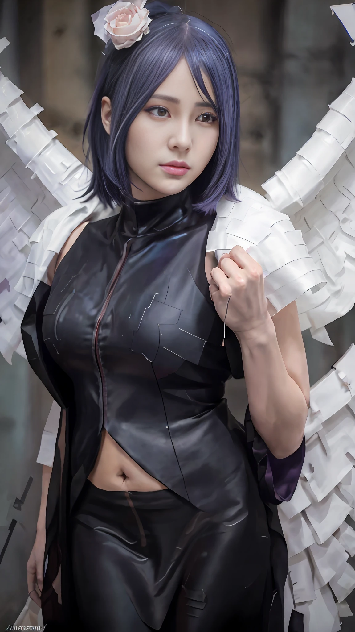 Best quality, 8k, 32k, Masterpiece, photo realistic, realistic, anime cosplay with purple wings and black wig and outfit, anime cosplay, professional cosplay, full cosplay, cosplay, anime girl cosplay, cosplay photo, cosplayer, publicity cosplay (seductive poses ), Sexy, sexy buttocks, beautiful white face shining, beautiful face, pink cheeks, beautiful lips, porcelain skin, intricate details, super detailed, super tall, supreme detail, high detail, delicate, excellent detail, fine detail, lighting cinematic, best quality, masterpiece, smooth and beautiful, CG , unity, 8k wallpaper, Stunning, fine detail, unity CG wallpaper 8k ultra detailed, large file size, highly detailed, high resolution, amazing detail, stunning detail, depth of field, oil painting effect in Rembrandt art style, concept portrait art in Stanley Artgerm Lau style, WLOP, trending on Artstation, epic, trending in society, detailed digital painting, very high quality models.