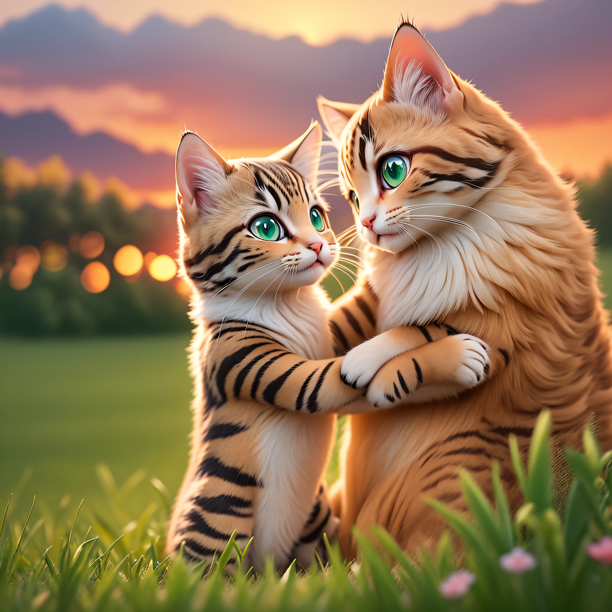 two kittens hugging each other in front of a sunset, cat, no humans, animal focus, realistic, animal, sun, whiskers, sitting, sunset, blurry background, green eyes, sitting, full_body, outdoors, blurry, backlighting, blurry