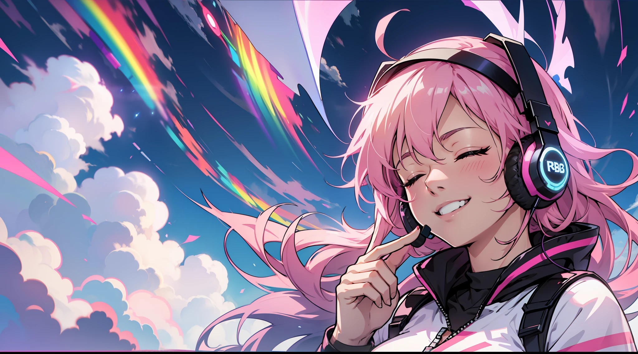 Woman with peace sense headset, closed eyes, beautiful face, RGB colors, anime pink hair, banner for youtube video, happy girl, clouds with RGB colors., bright RGB colors.