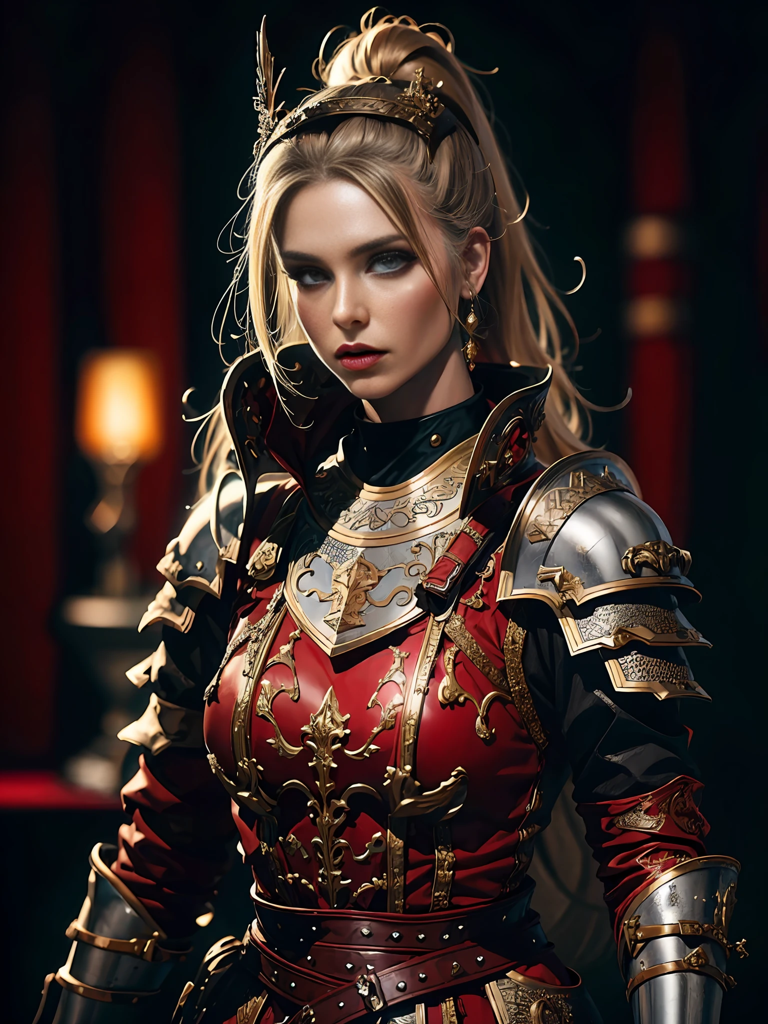 1girl, solo, female roman warrior with red helmet and cape, long black hair, angry, extremely beautiful girl, subtle makeup, silver hour, photorealistic, high contrast, 8k HD, detailed, hyper-detailed, realistic skin texture, blonde hair, huge chest, neckline, best quality, ultra high res, raw photo, dramatic lighting, unreal engine, intricate diffuse glow and silver tab, black cape, battlefield,  Standing