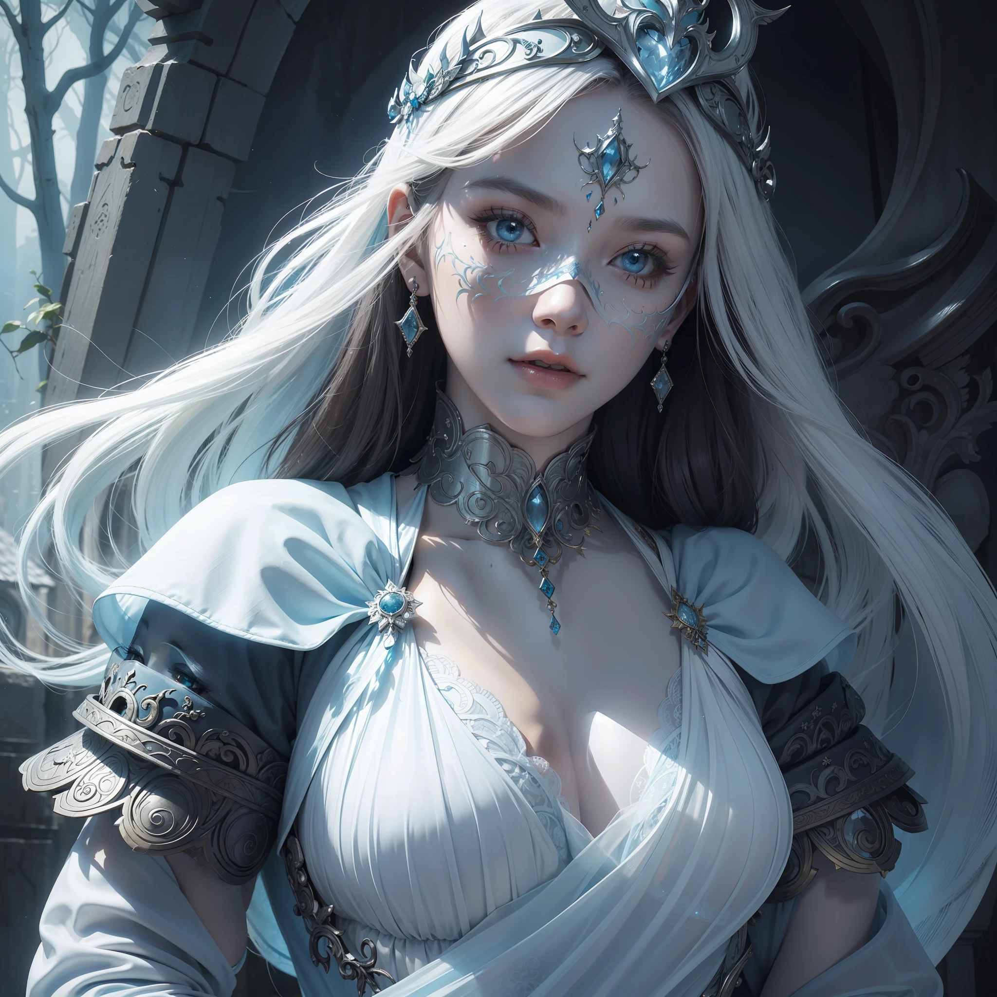 an image of a woman in a mask, in the style of detailed fantasy art, dark white and light blue, translucent layers, intricately textured, fantasy characters, airbrush art, eerily realistic