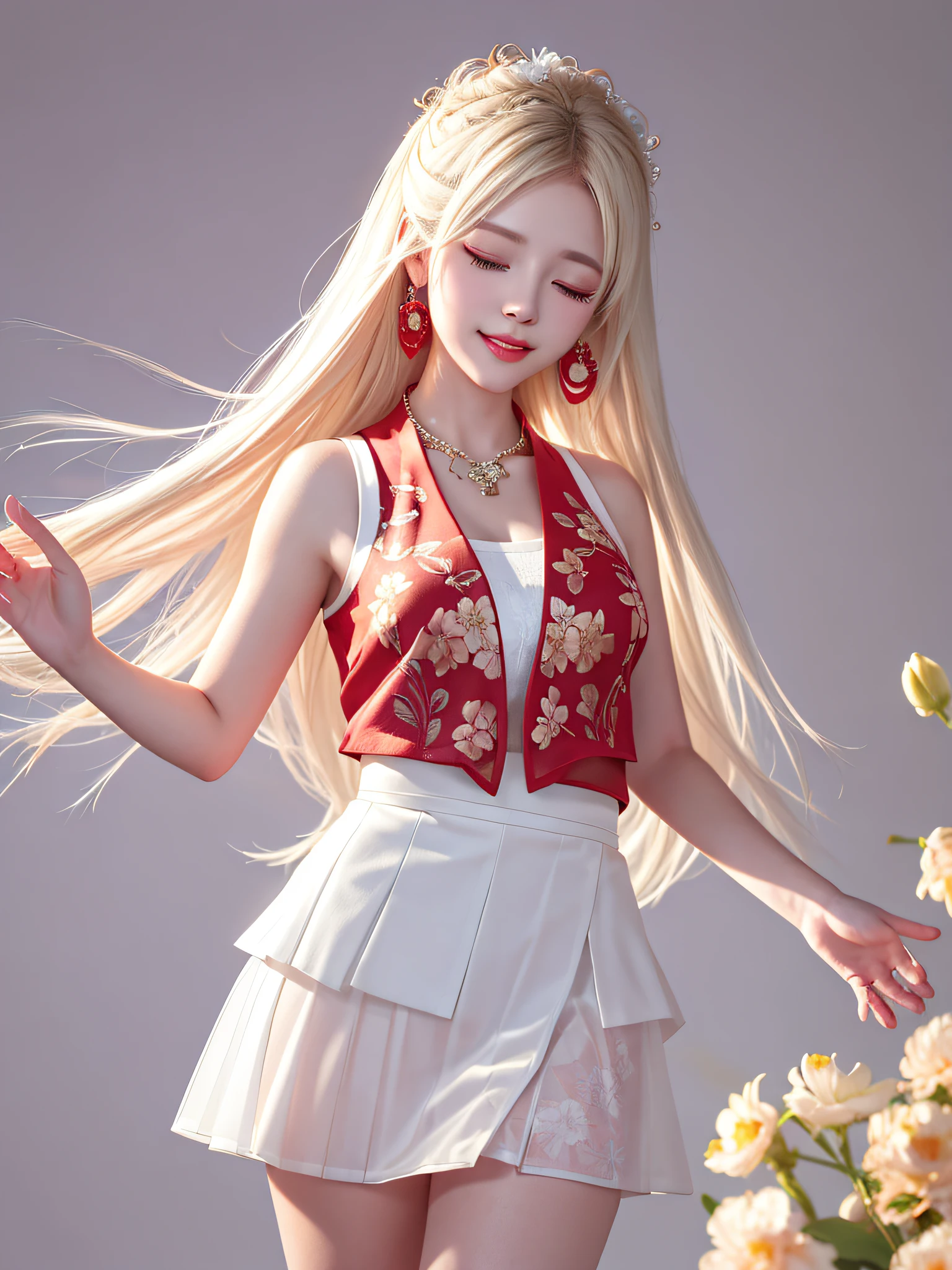 Female Teacher Standing in Classroom v6, Necklace, Earrings, Full Body V6, (Long Golden White Hair), Translucent Clothes, Looking, Superb, Ultra High Definition, RAW Photography, Realism 1.25), (Bright Lip Gloss, Long Eyelashes, Smooth) Face, Bright Skin, Natural Shadows, Wide Light, Wide Light, Depth of Field, Strong Colors, Subtle Caustics: 0.8), Smile, (Big), V6 Japan, (( Translucent white background with red floral vest, miniskirt), sleeveless, (eyes closed, face down)