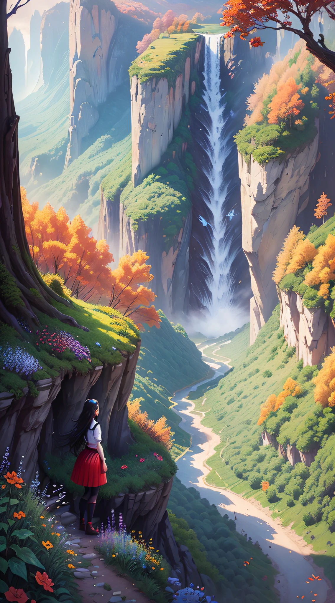 Pixel style, 1 girl, long black hair, (((red skirt))), (((full body shot))), (((panorama)), forest, valley, colorful flowers, back to camera, towards the distance, detailed, complex, bright, bright, bright, Tyndall effect, flying birds, butterflies, wonderland, fantasy --auto --s2