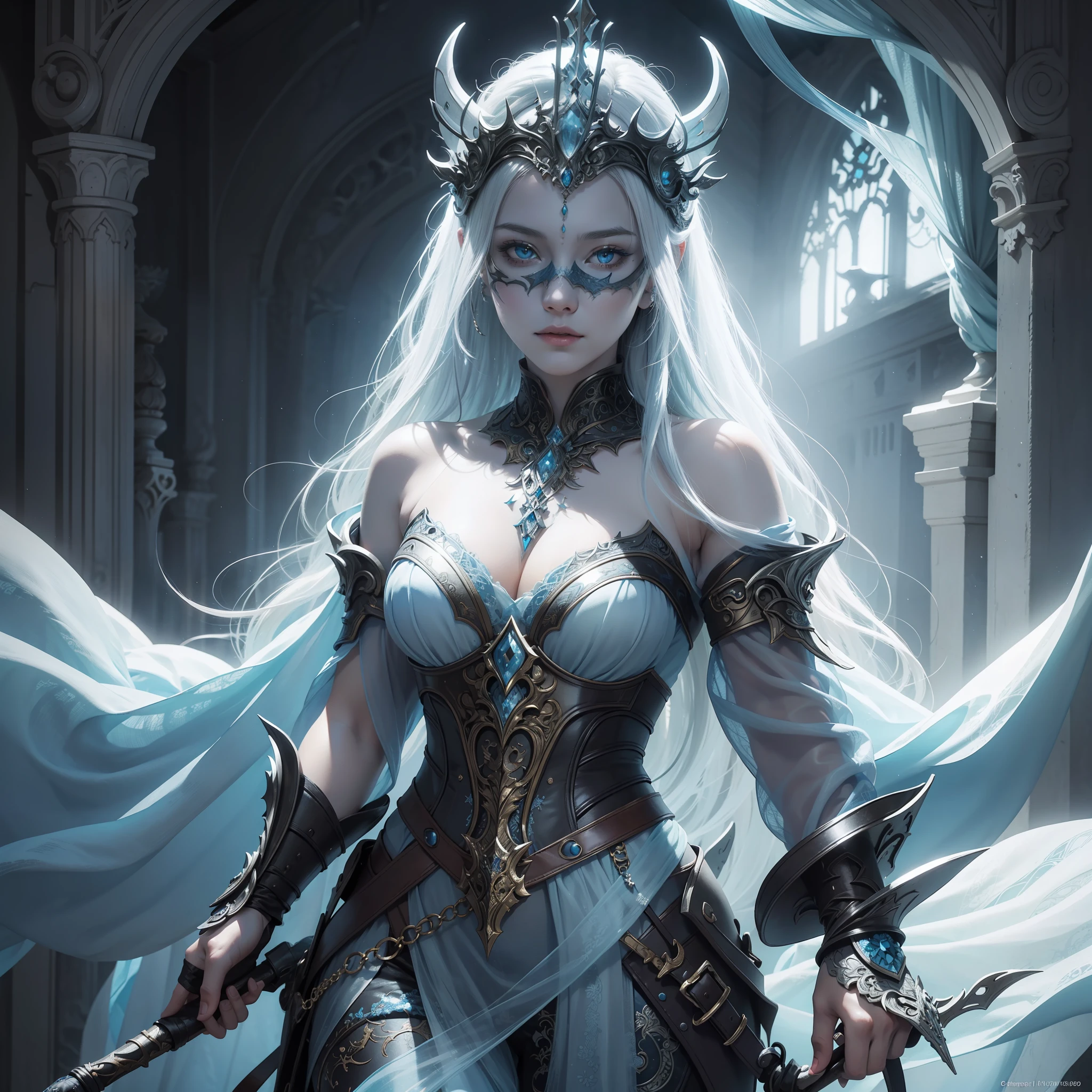 an image of a woman in a mask, in the style of detailed fantasy art, dark white and light blue, translucent layers, intricately textured, fantasy characters, airbrush art, eerily realistic