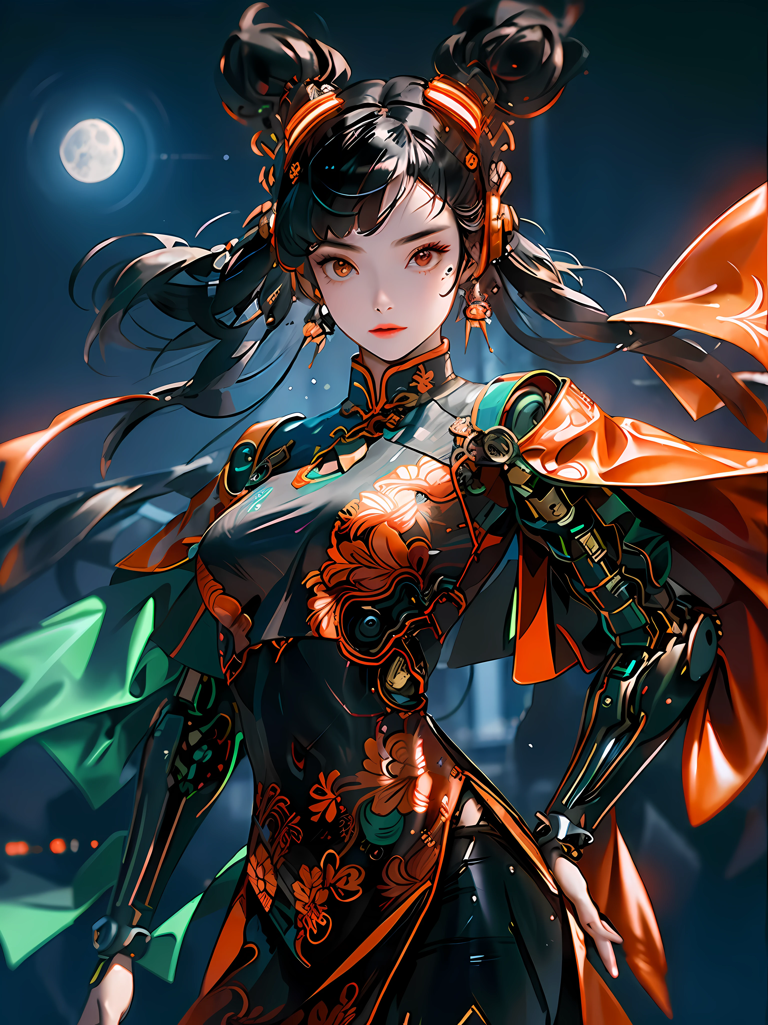 1 girl, Chinese_clothes, metallic black titanium and orange, cyberhan, cheongsam, cyberpunk city, dynamic pose, detailed luminous headphones, glowing hair accessories, long hair, luminous earrings, glowing necklace, cyberpunk, high-tech city, full of mechanical and futuristic elements, futurism, technology, glowing neon, orange, orange light, fluorescent orange, skirt, cape, coat, laser, digital background, urban sky, big moon, with vehicle, best quality, masterpiece, 8K, Character edge light, super high detail, high quality, the most beautiful woman in human beings, slight smile, face facing front left and right symmetry, ear decoration, beautiful pupils, light effects, visual data, pick and dye orange, dye hair, super detail facial texture, happy and proud, weapon system, mecha style, crowded street passers-by, full body in camera, infinite zoom, super light and shadow, various poses, long hair flowing, glowing boots