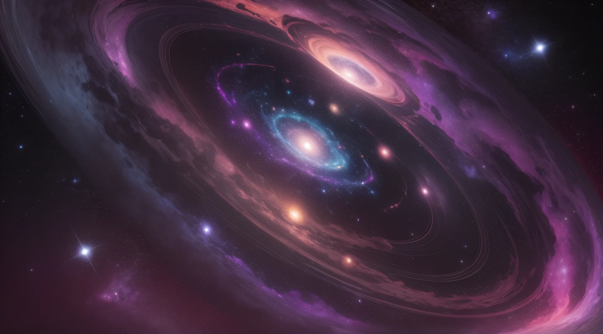 Create an awe-inspiring cosmic wallpaper that explores the wonders of the universe. Imagine a vast, star-studded space scene that captures the grandeur and mystery of the cosmos. Picture a celestial panorama with breathtaking nebulas, distant galaxies, and shimmering star clusters stretching across the infinite expanse. Use a rich, deep color palette featuring cosmic blues, purples, and cosmic dust hues, evoking the feeling of gazing into the far reaches of space. Add mesmerizing cosmic elements, such as shooting stars streaking across the sky or planets orbiting distant suns. Let your creativity shine by incorporating surreal elements like a cosmic whirlpool or a cosmic tree reaching for the stars. Consider a sense of movement, with celestial objects appearing to drift gracefully amidst the vastness. Include details like distant satellites or space stations to remind viewers of humanity's ongoing exploration of the cosmos. Strive to evoke a sense of wonder, curiosity, and a feeling of interconnectedness with the universe. Allow viewers to get lost in the beauty and immensity of space as they gaze upon your stunning cosmic wallpaper, inspiring a sense of cosmic awe and igniting their fascination with the mysteries of the universe.