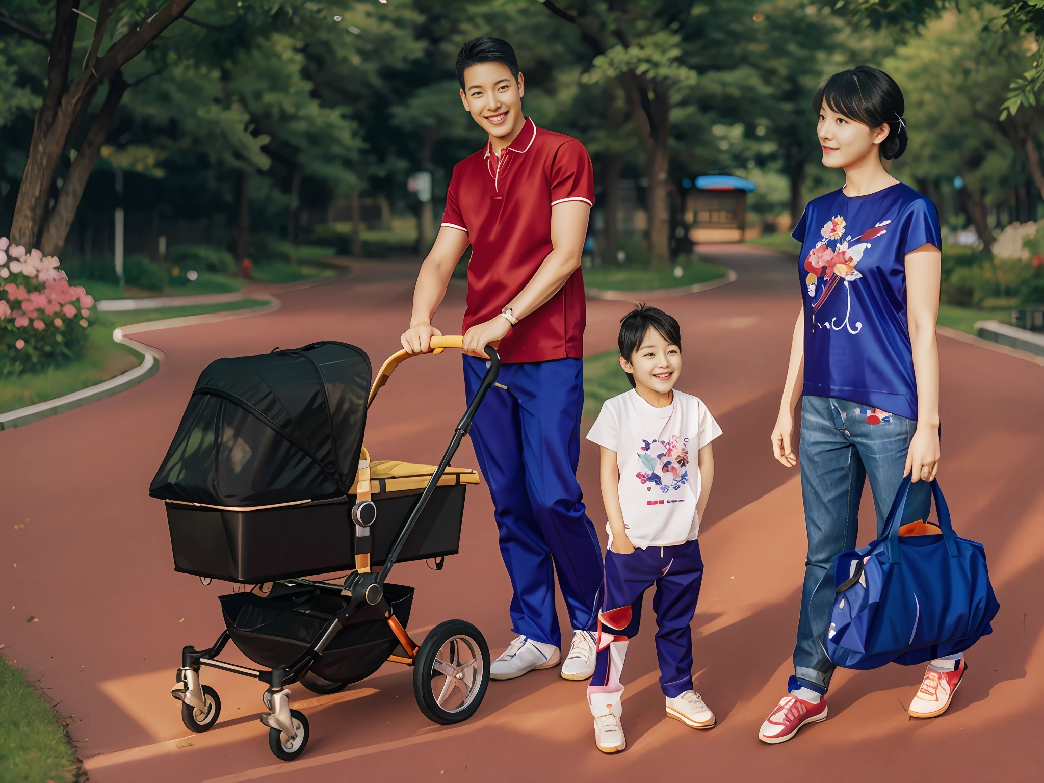 Korean family, happy laughter, park trail background, flowers and butterflies blooming on the side of the road