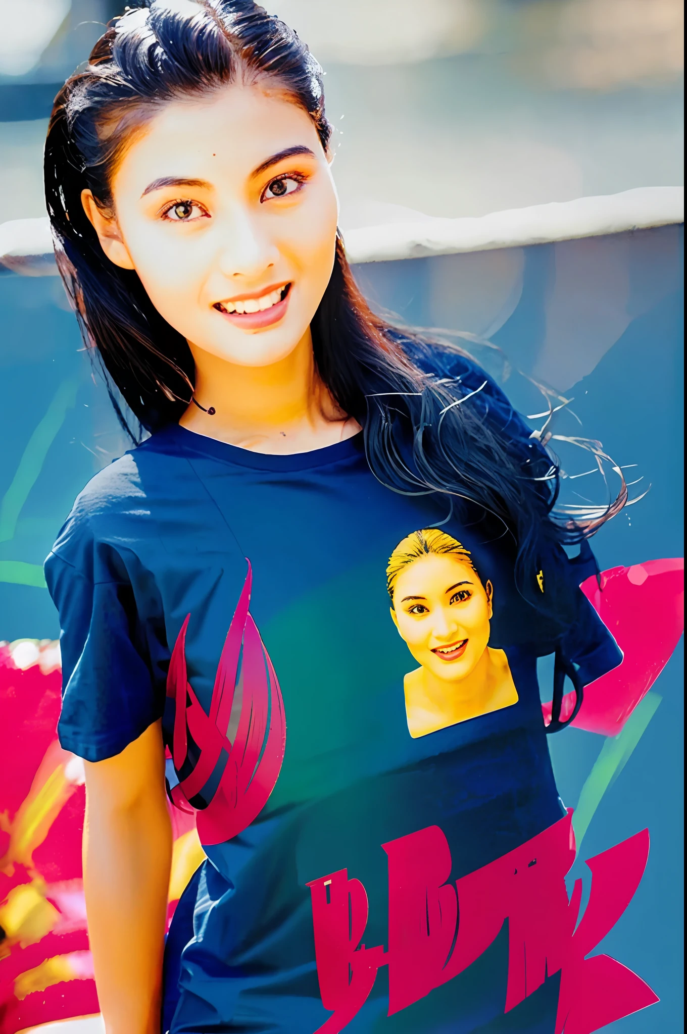 8k, best quality, ultra realistic,(photorealistic:1.37),high res,1girl, (t-shirt:1.8),(floating hair:1.2), (skindentation), (professional lighting),(huge breasts:1.2),ultra-detailed,(shiny skin:1.3),(plump:1.25), (blouse:1.35), (light particles, lens flare, glowing particles:0.6),(dynamic pose:1.15), specular lighting, soft lighting, sunlight, looking at viewer, (small head:1.47), pureerosface_v1,