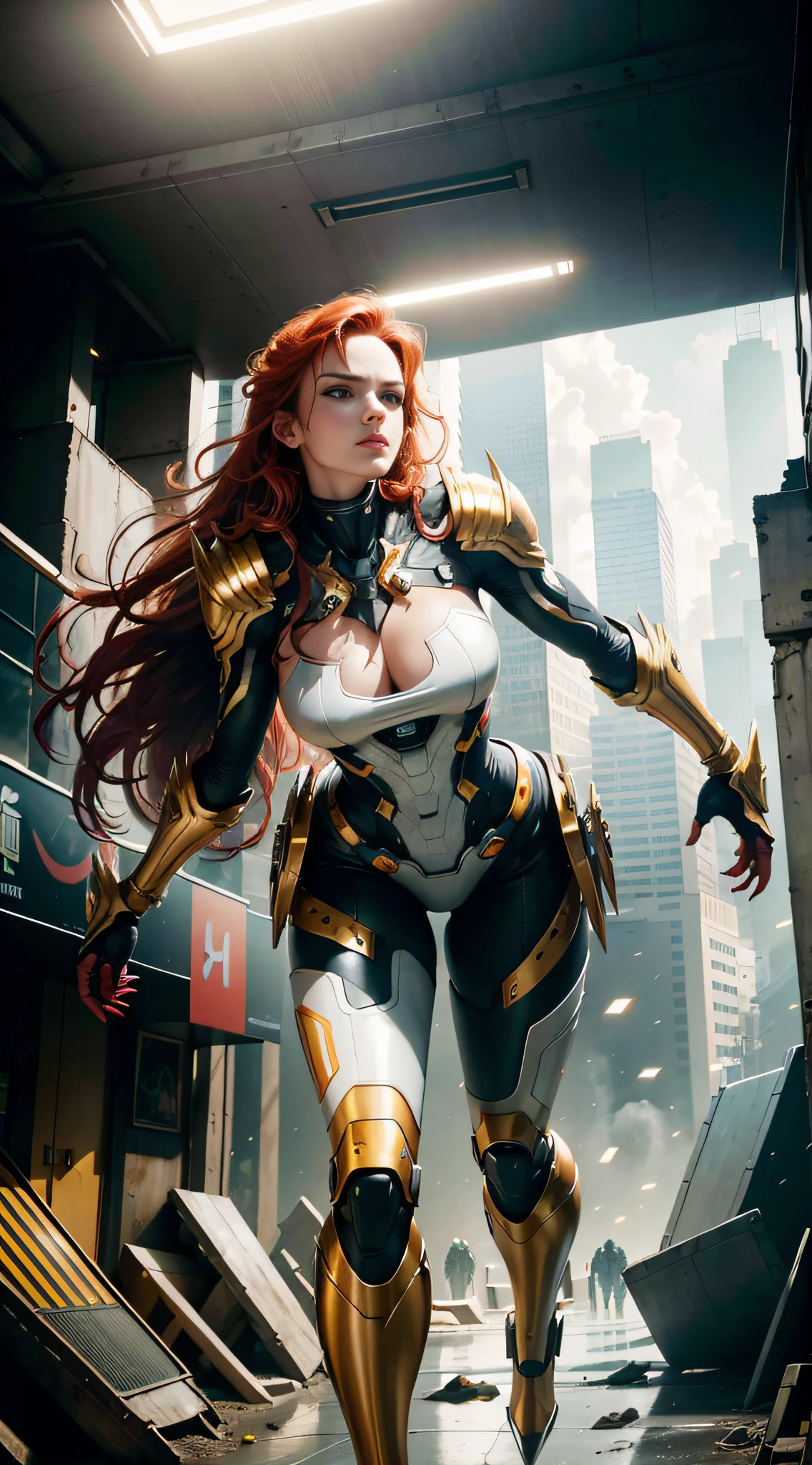 RAW, masterpiece, ultra thin photo, best quality, ultra high resolution, photorealistic, sunlight, full body portrait, incredibly beautiful, dynamic poses, sexy, delicate face, vibrant eyes, (red hair), she is wearing a futuristic wolverine unform, adamantium claws in her hands, red and gold color scheme, highly detailed robot factory background, detailed face, detailed and complex busy background, messy, gorgeous, milky white, highly detailed skin, realistic skin details, visible pores, sharp focus, volumetric mist, 8k uhd, dslr camera, high quality, film grain, fair skin, photorealism, lomography, expanding metropolis in futuristic dystopia, view from below, translucent,