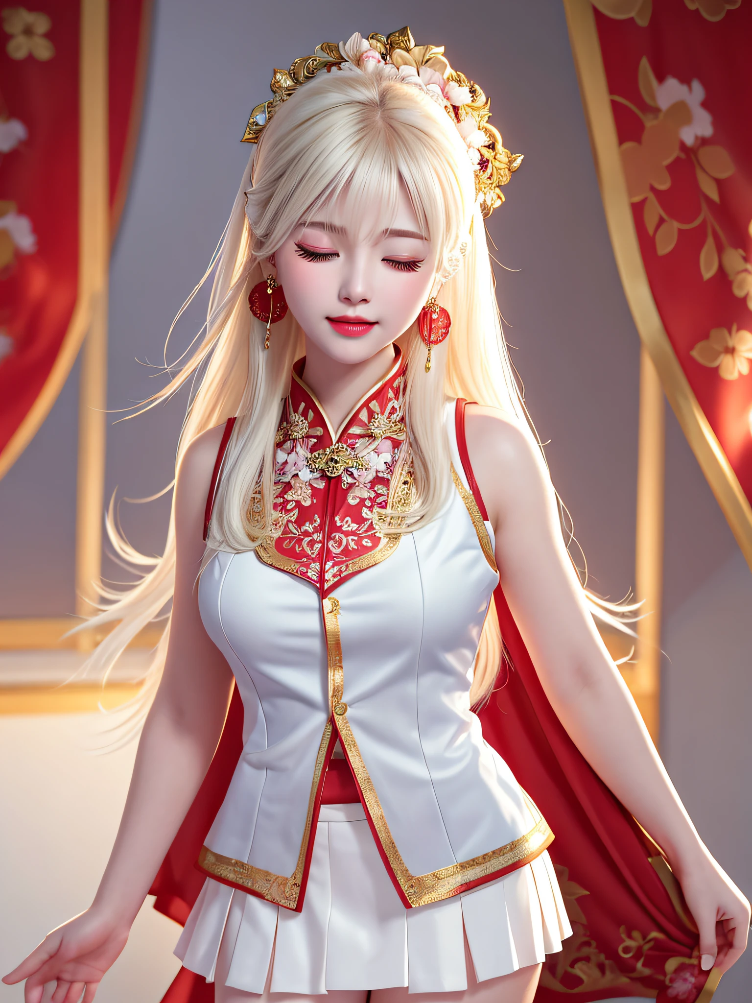 Female Teacher Standing in Classroom v6, Necklace, Earrings, Full Body V6, (Long Golden White Hair), Translucent Clothes, Looking, Superb, Ultra High Definition, RAW Photography, Realism 1.25), (Bright Lip Gloss, Long Eyelashes, Smooth) Face, Bright Skin, Natural Shadows, Wide Light, Wide Light, Depth of Field, Strong Colors, Subtle Caustics: 0.8), Smile, (Big), V6 Japan, (( Translucent white background with red floral vest, miniskirt), sleeveless, (eyes closed, face down) (tears)