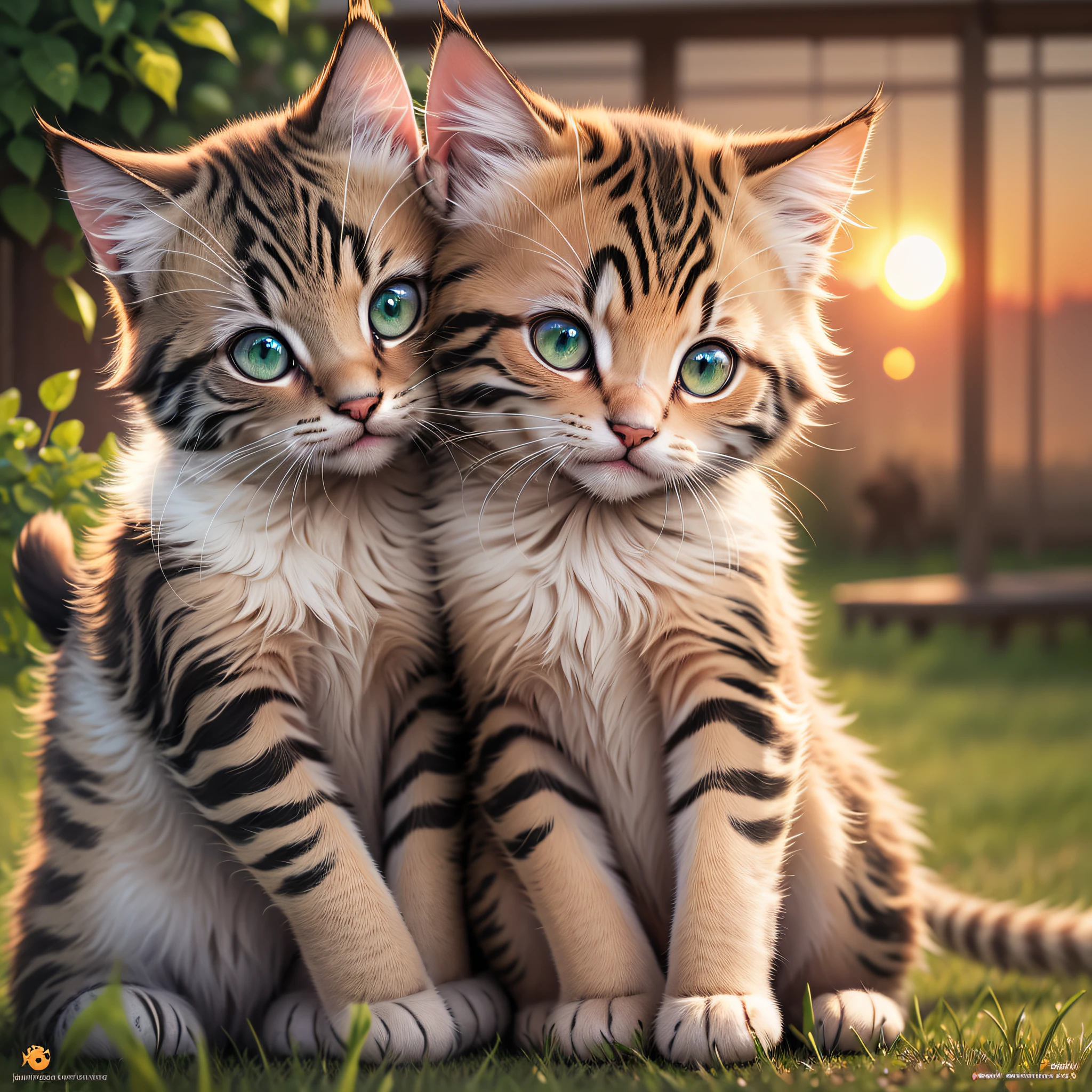 two kittens hugging each other in front of a sunset, cat, no humans, animal focus, realistic, animal, sun, whiskers, sitting, sunset, blurry background, green eyes, sitting, full_body, outdoors, blurry, backlighting, blurry