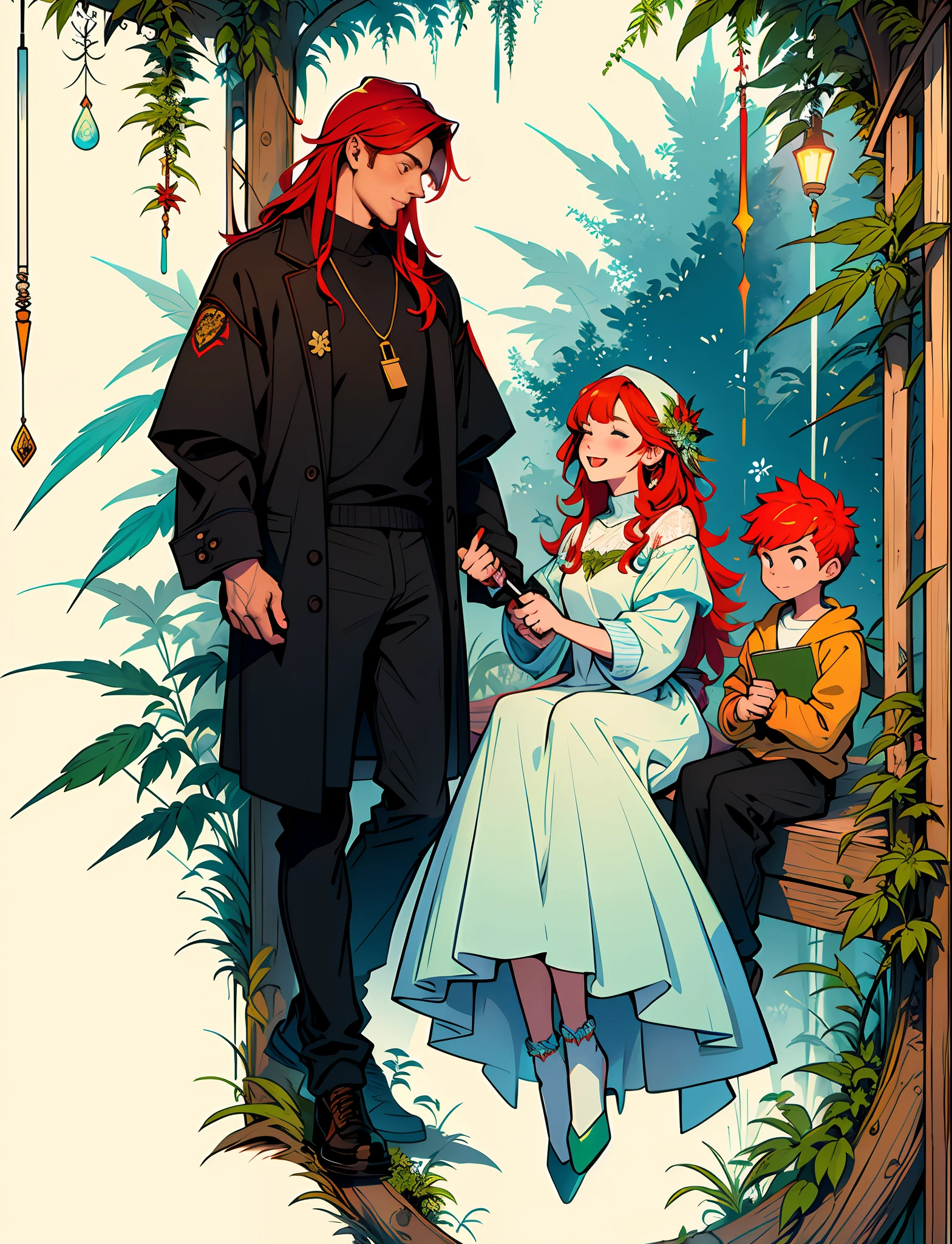 Boy, Girl,Dad,Mom,Family in love Hemp, leaf,marijuana,cannabis cone,((illustration)), colorful, wallpaper, energy, secret, magical environment, magical environment, magic wand, pages flying in the sky, omniscience, prediction of the future, understanding the past, frost magic, spells, red hair, long hair, --v 6