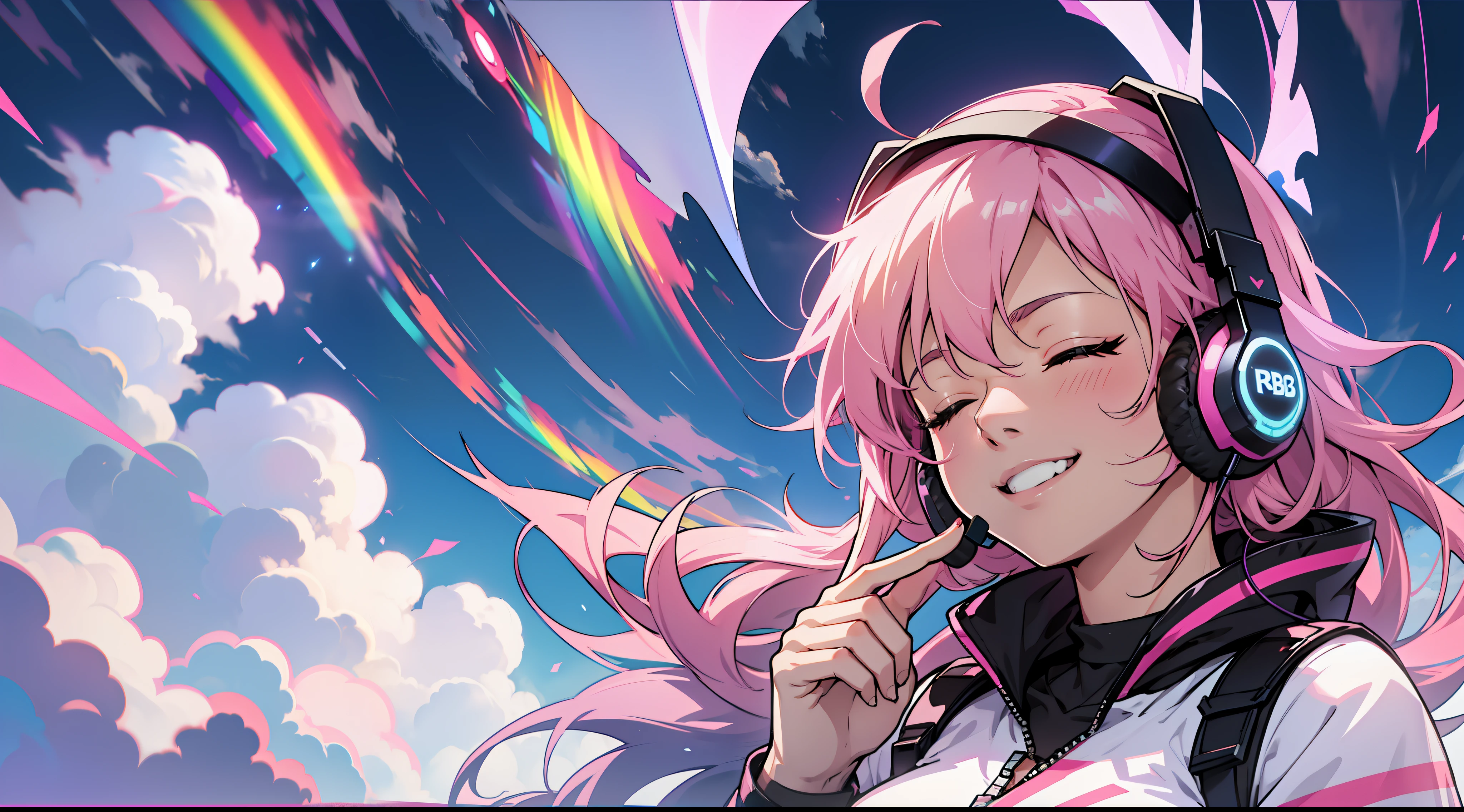 Woman with peace sense headset, closed eyes, beautiful face, RGB colors, anime pink hair, banner for youtube video, happy girl, clouds with RGB colors., bright RGB colors.