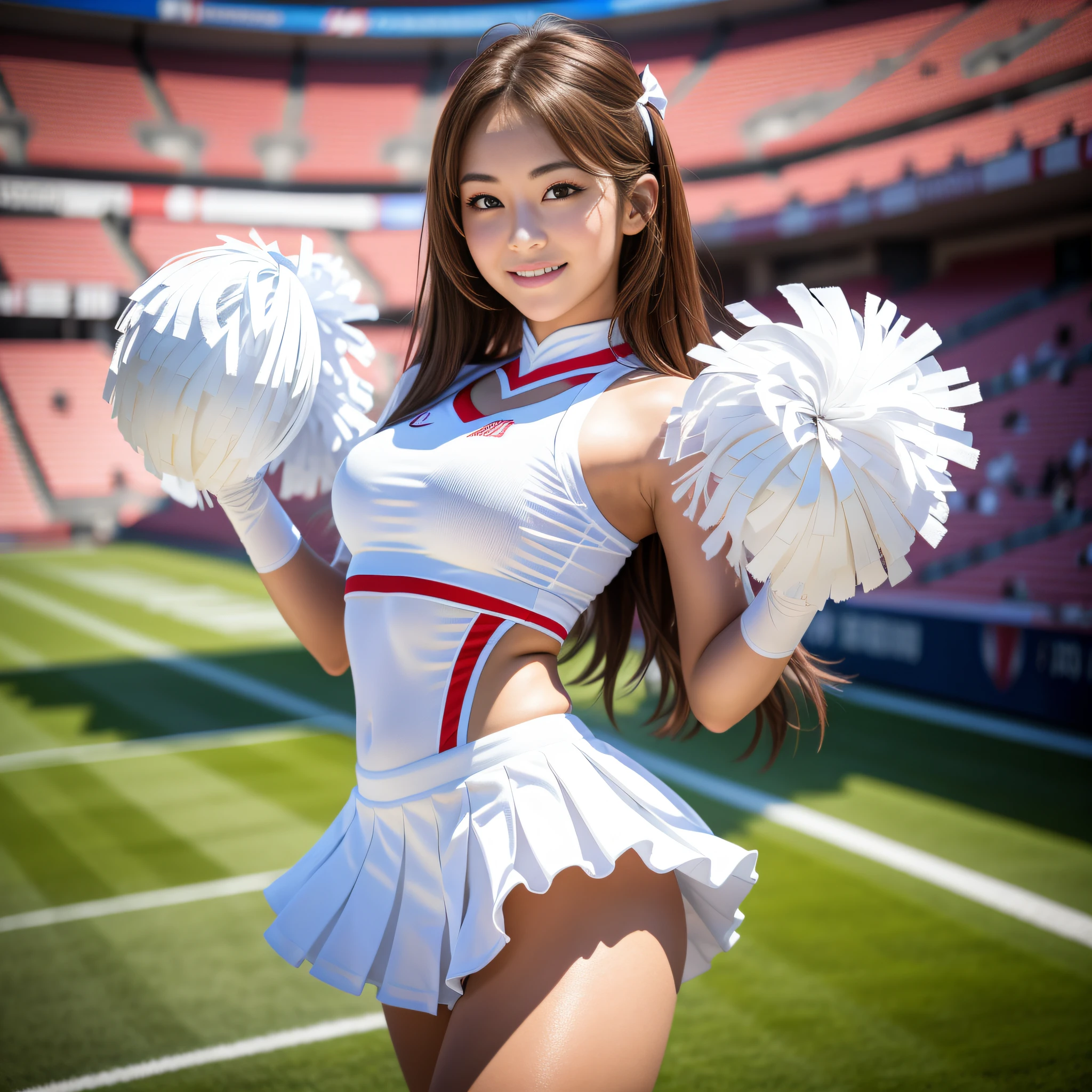 8yk, raw photo, (masterpiece), (best quality), high resolution, (1 girl), (realistic, photorealistic: 1.2), ultra detail, physically based rendering, white cheerleader costume, look at the front, sexy and lovely Japan woman at 20 years old, smaller face, big eyes, makeup, detailed hands, detailed fingers, detailed feet, detailed hips, detailed thighs, Middle breasts, middle hip, very smile, head: 1.3, sharp focus, stadium, sunshine, dynamic angle, (very detailed face: 1.2): 0.2, wow sweat, standing, ruffled miniskirt, turn around to show ass, brown hair