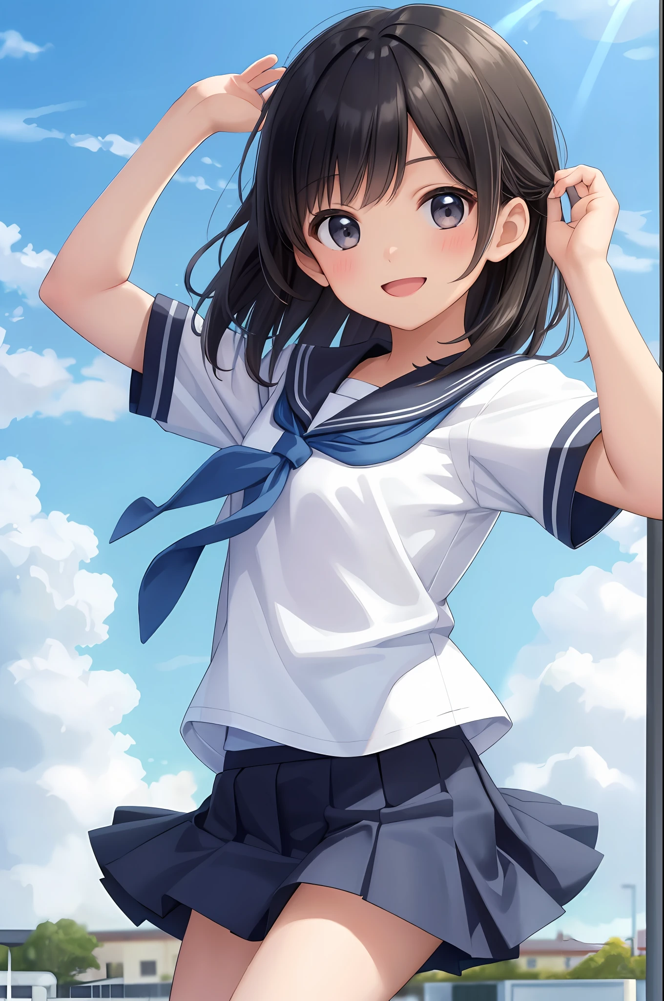 very cute female ,10 yock hair, flat chest,
cheerleader,rah-rah skirt,blush,light smile,
dynamic pose,
day,summer,blue sky,White cloud,school yard,
solo, 1girl,
BREAK
(masterpiece, best quality,ultra-detailed)