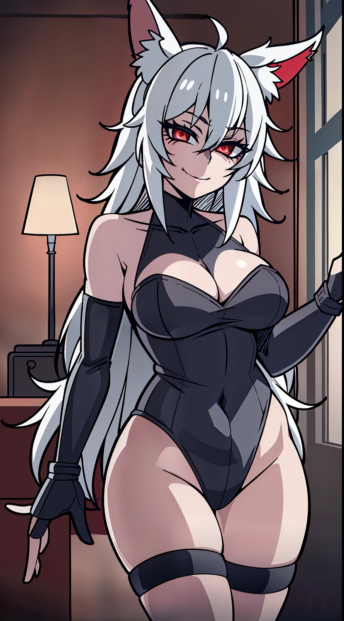 1girl, look at viewer, cute, big breast, black leotard, Fox ears, Fox tail, Fishnet stockings, full body, embarrassed smile, half-closed eyes, bedroom, Helltaker, detailed lighting, detailed body, detailed hair, detailed, masterpiece, messy long hair, white hair, red eyes, glowing eyes, night, leaning forward