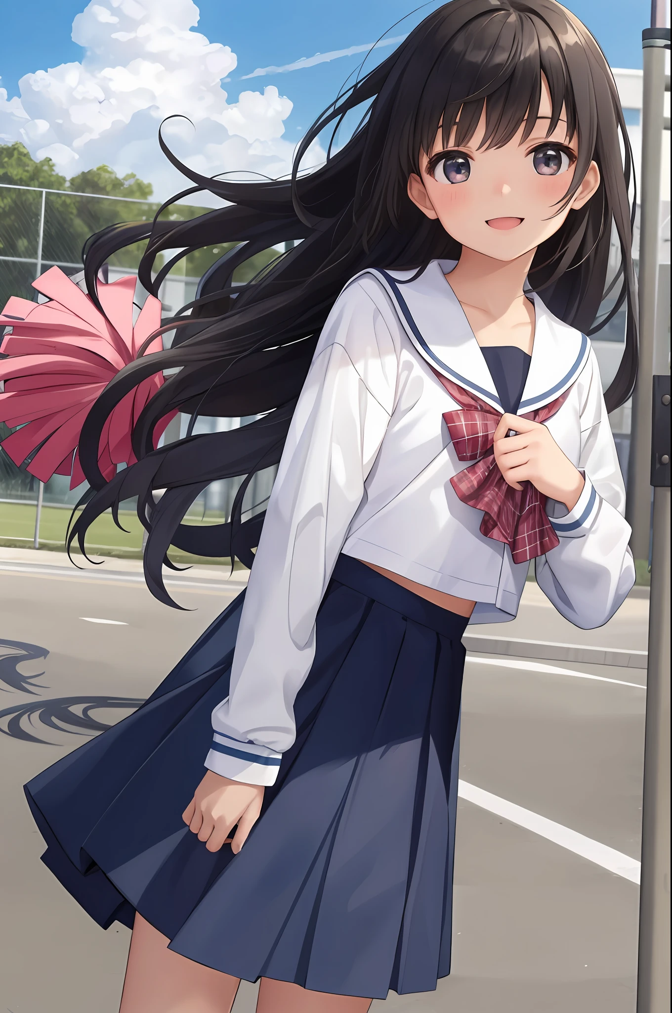 very cute female child,16 yo,,black hair, flat chest,
cheerleader,rah-rah skirt,blush,light smile,
dynamic pose,
day,summer,blue sky,White cloud,school yard,
solo, 1girl,
BREAK
(masterpiece, best quality,ultra-detailed)