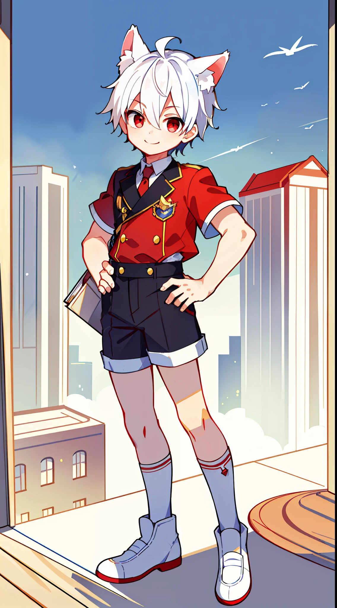 ((masterpiece)),(((best quality))), (high-quality, breathtaking), (expressive eyes, perfect face), 1boy, solo, male, short, young, small boy, white hair, red eyes, smiling, buildings, mailman outfit, wear short shorts, cat ears