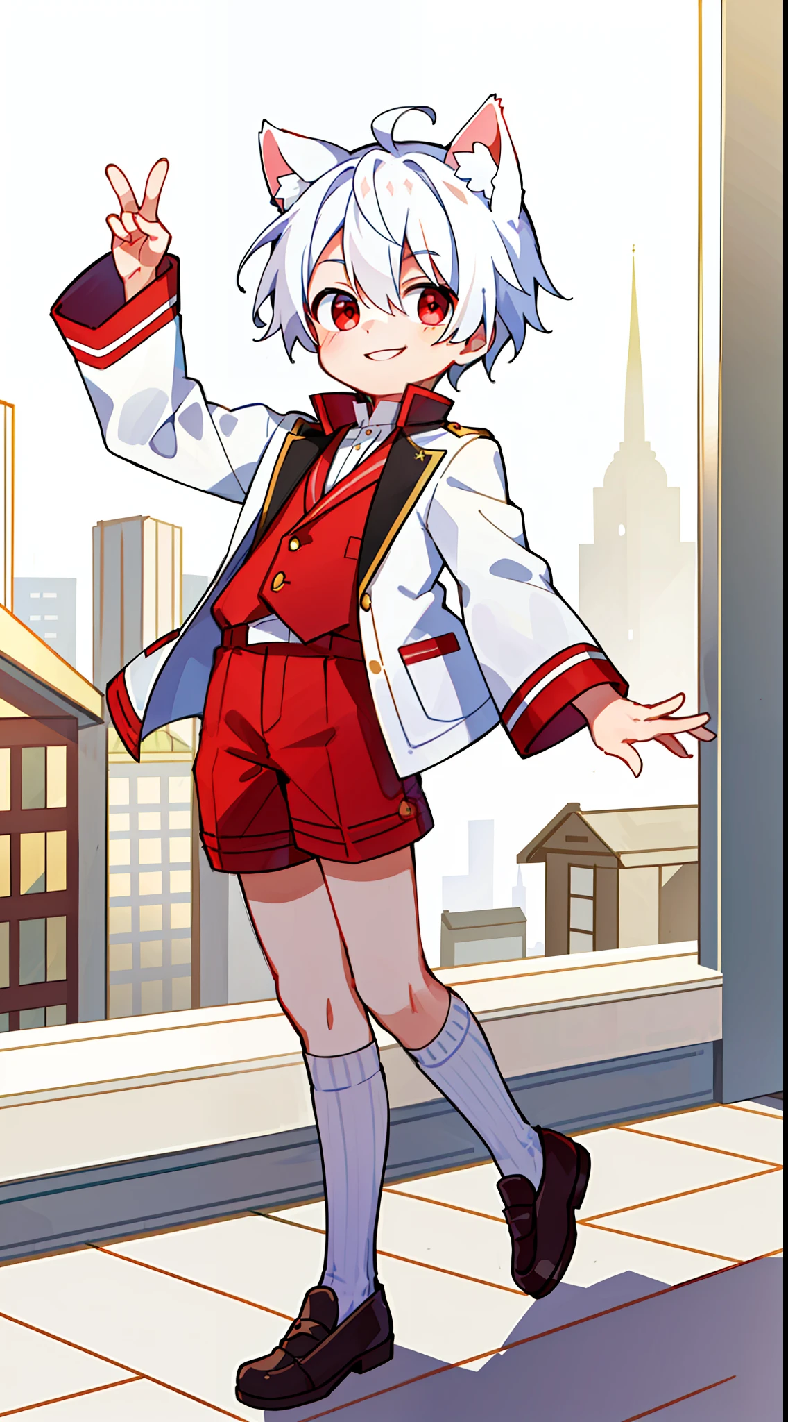 ((masterpiece)),(((best quality))), (high-quality, breathtaking), (expressive eyes, perfect face), 1boy, solo, male, short, young, small boy, white hair, red eyes, smiling, buildings, mailman outfit, wear short shorts, cat ears
