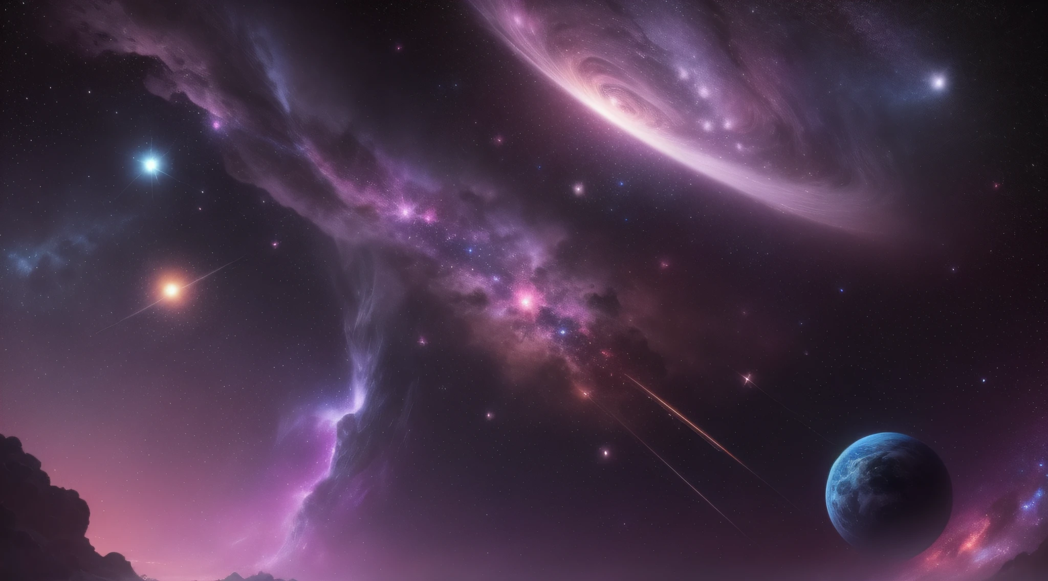 Create an awe-inspiring cosmic wallpaper that explores the wonders of the universe. Imagine a vast, star-studded space scene that captures the grandeur and mystery of the cosmos. Picture a celestial panorama with breathtaking nebulas, distant galaxies, and shimmering star clusters stretching across the infinite expanse. Use a rich, deep color palette featuring cosmic blues, purples, and cosmic dust hues, evoking the feeling of gazing into the far reaches of space. Add mesmerizing cosmic elements, such as shooting stars streaking across the sky or planets orbiting distant suns. Let your creativity shine by incorporating surreal elements like a cosmic whirlpool or a cosmic tree reaching for the stars. Consider a sense of movement, with celestial objects appearing to drift gracefully amidst the vastness. Include details like distant satellites or space stations to remind viewers of humanity's ongoing exploration of the cosmos. Strive to evoke a sense of wonder, curiosity, and a feeling of interconnectedness with the universe. Allow viewers to get lost in the beauty and immensity of space as they gaze upon your stunning cosmic wallpaper, inspiring a sense of cosmic awe and igniting their fascination with the mysteries of the universe.