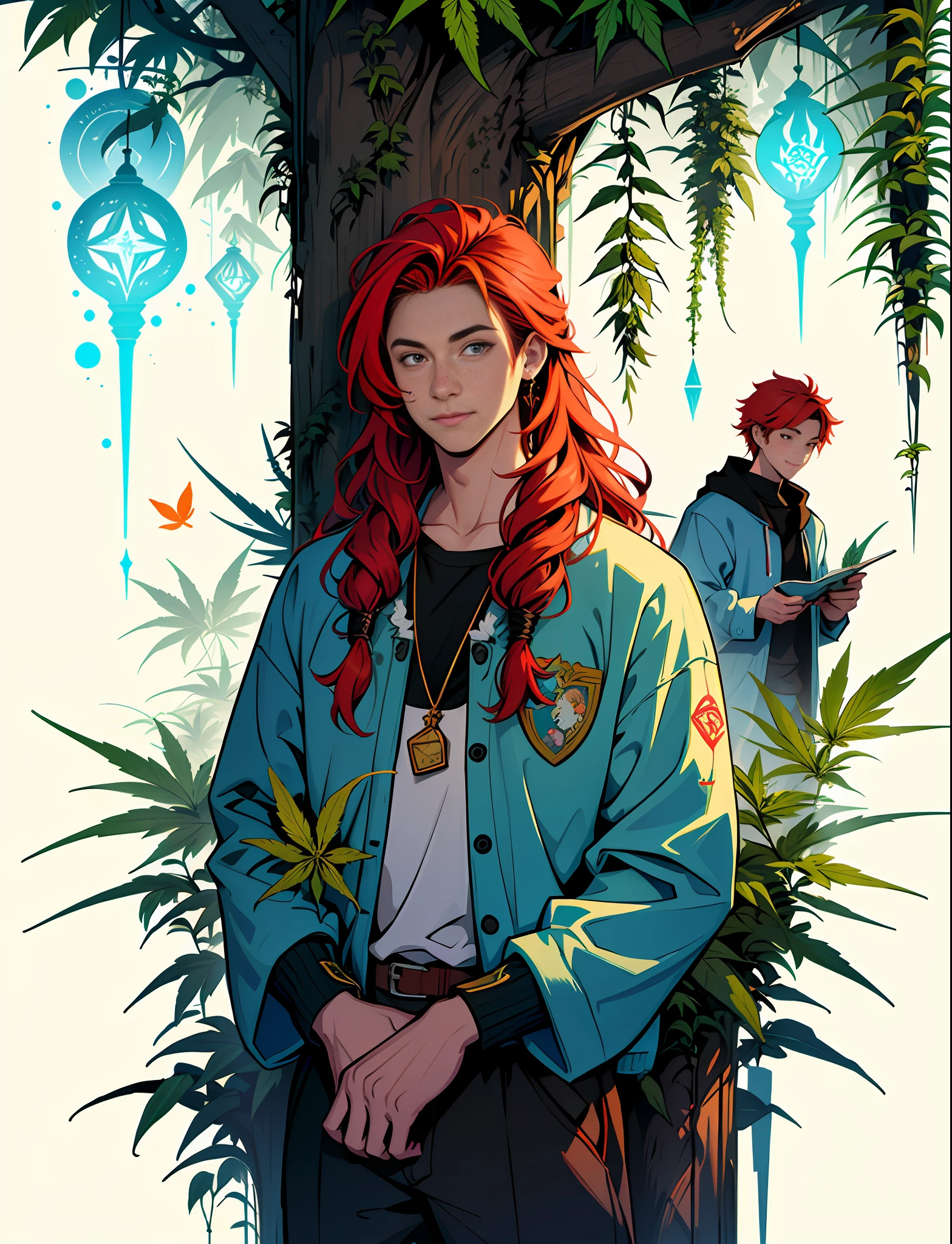 Boy, Girl,Dad,Mom,Family in love Hemp, leaf,marijuana,cannabis cone,((illustration)), colorful, wallpaper, energy, secret, magical environment, magical environment, magic wand, pages flying in the sky, omniscience, prediction of the future, understanding the past, frost magic, spells, red hair, long hair, --v 6