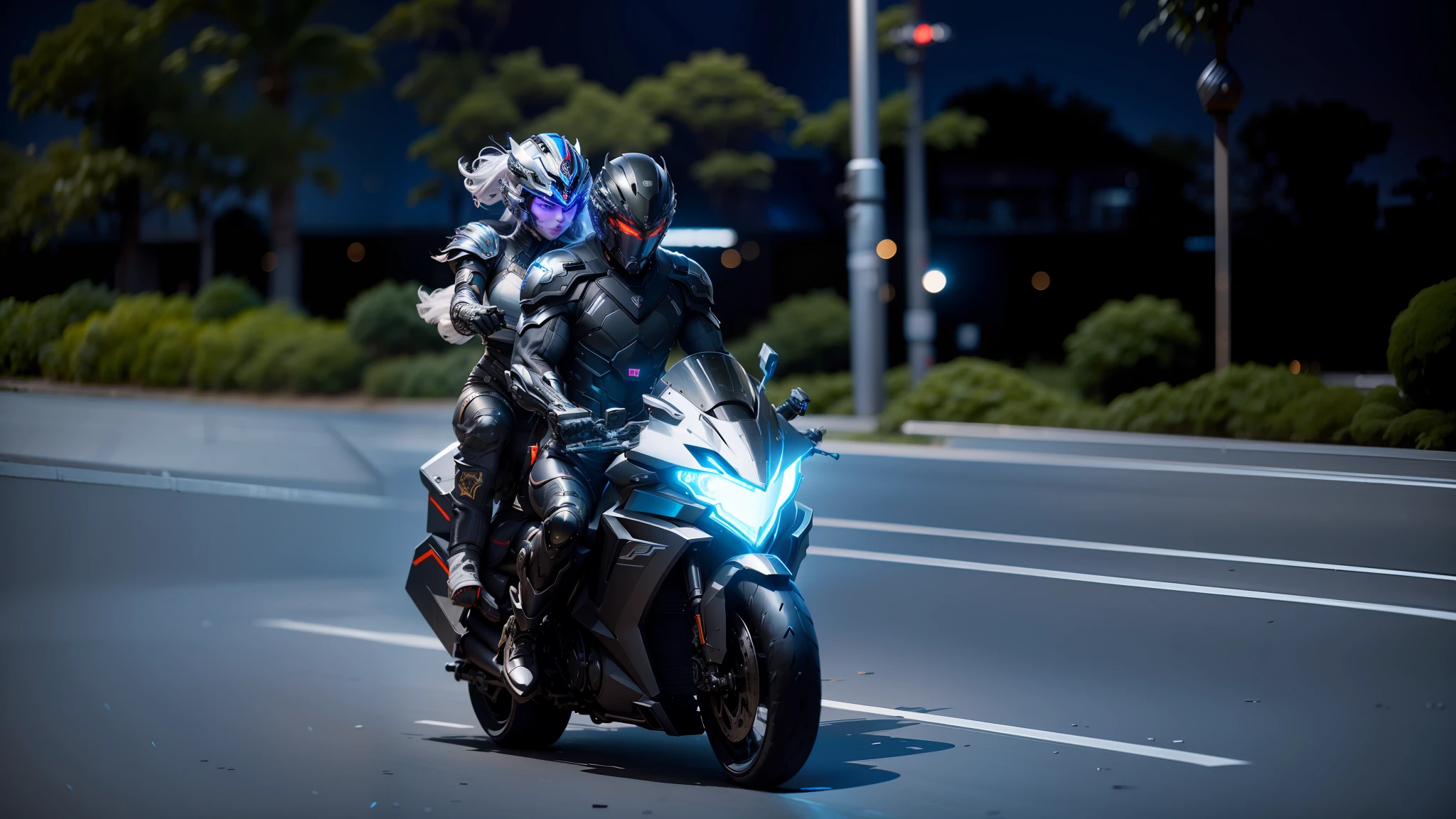 Cyber Male Warrior and Female Warrior Riding Cyber Mechanical Motorcycle, Black Full Helmet, Nousr, Biomechanics, MSHN Robot Man, High Tech Helmet, Hyperreal, Steel, Intricate Design, Crazy Details, Fine Details, Extremely Clear Lines, Cinematic Lighting, Photo Realistic, Detailed Masterpiece