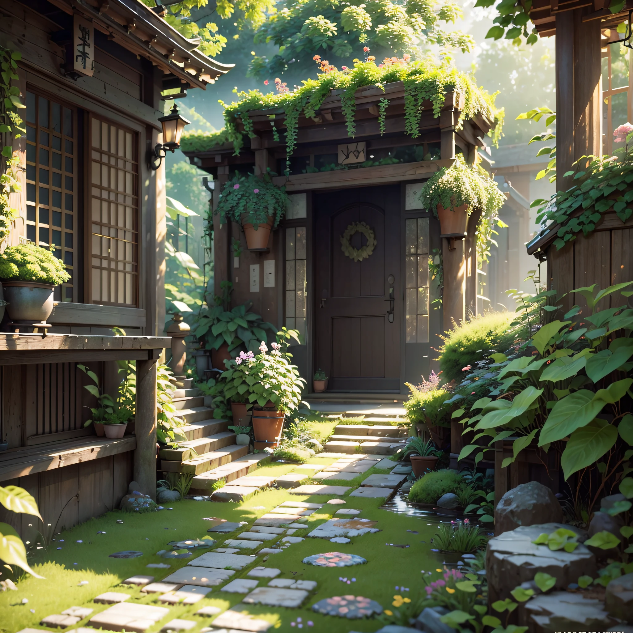 (extremely detailed CG unity 8k wallpaper, masterpiece, best quality, ultra-detailed), delicate and beautiful, floating, warm-tone, sunlit garden, high saturation, (cat:1.2 AND furry:1.2), (Wabi Sabi texture:1.4), green foliage, moss, water droplets, peaceful atmosphere. --auto --s2