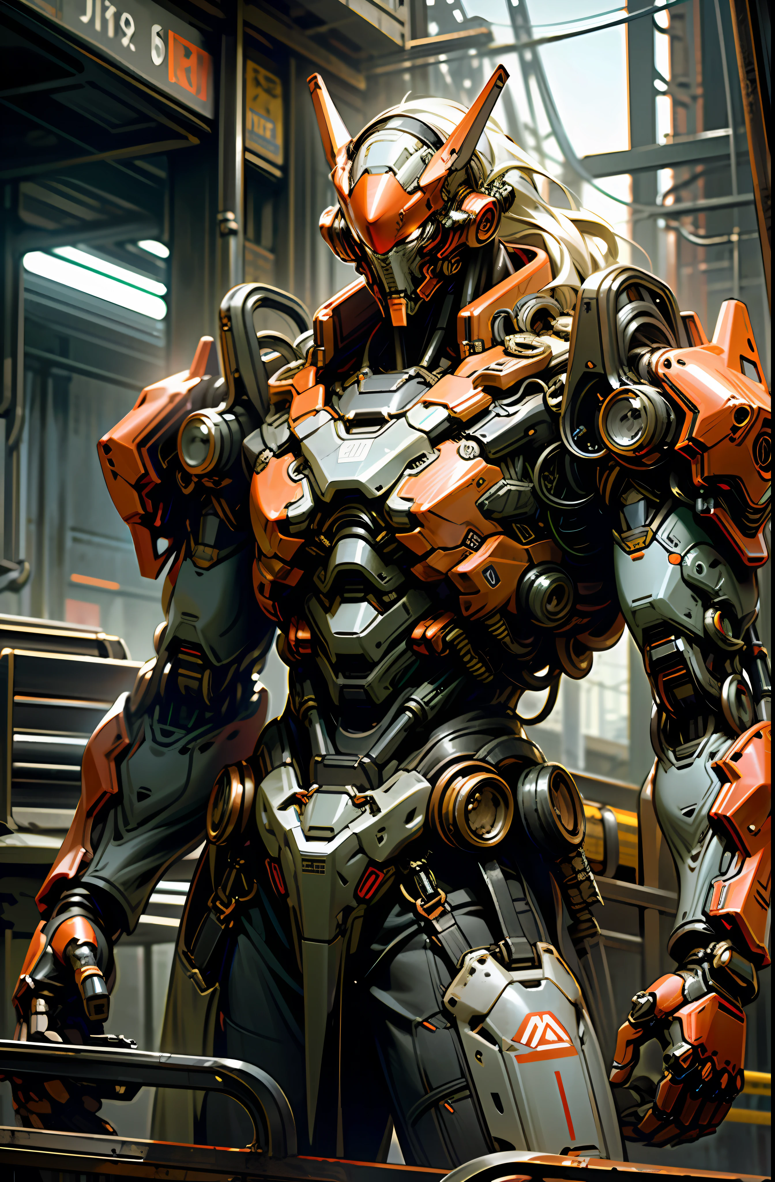 Dark_Fantasy,Cyberpunk,(chain saw,chain saw man,Red:1.1),1man,Mechanical marvel,Robotic presence,Cybernetic guardian, wearing a worn-out mech suit, intricate, (steel metal [rusty]), elegant, clear focus, shot by greg rutkowski, soft lighting, vibrant colors, masterpiece, ((street)), cowboy shot, dynamic pose,