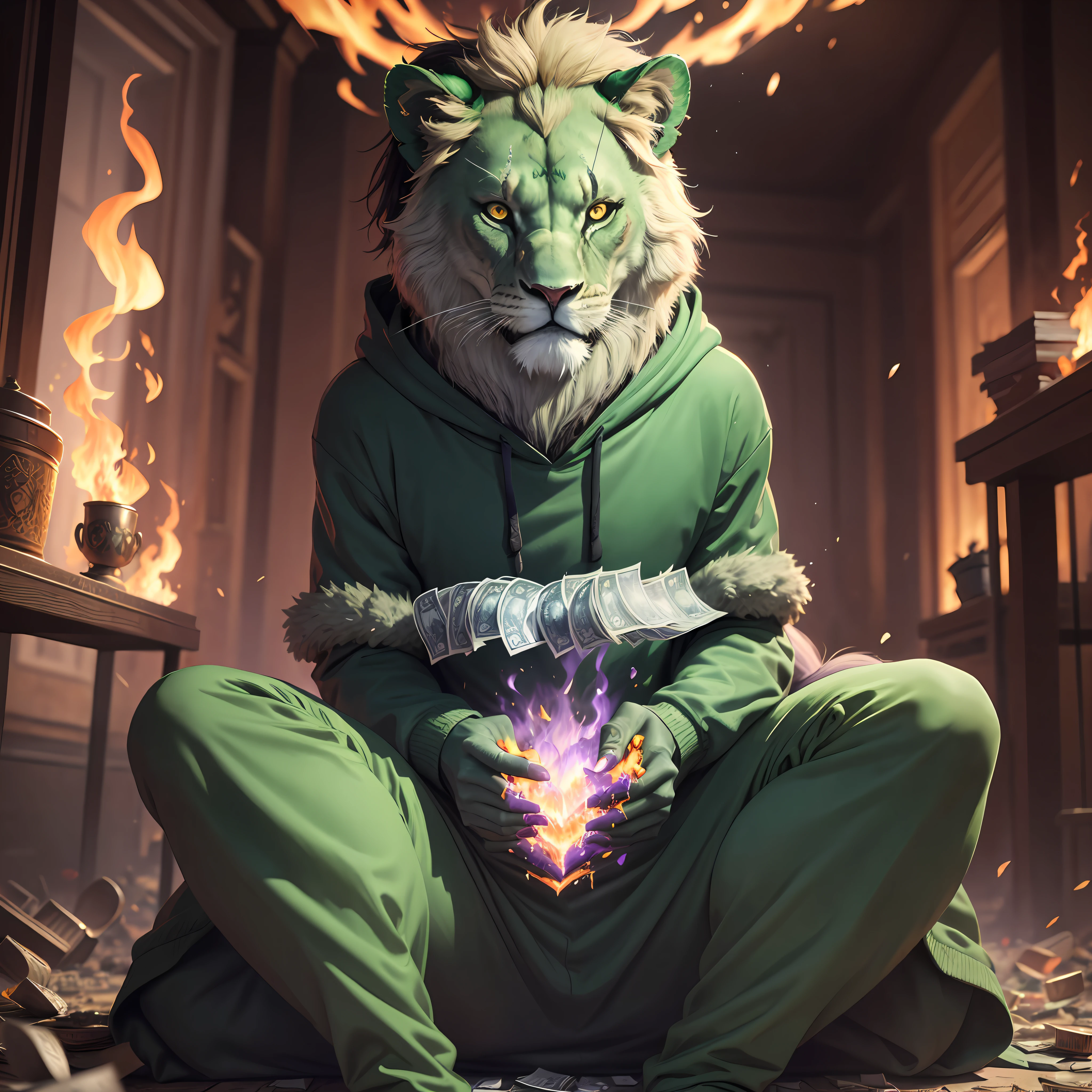 Regal green lion, holding stack of detailed money, sitting on a purple throne, wearing a black hoodie opened up showing 8 pack ab muscles, room burning, ground on fire, chair on fire, sinkhole fire pit in floor, roof of house missing, stacks of money on fire everywhere, money on fire flying around, burned money floating, smoke, flames all around, headphones, hood down, sparkling eyes, devil eyes, heart-shaped eyes, evil smile, happy, anger vein, wide shot, Sony FE, award winning, best quality, masterpiece, retina, anatomically correct, 16k, highres