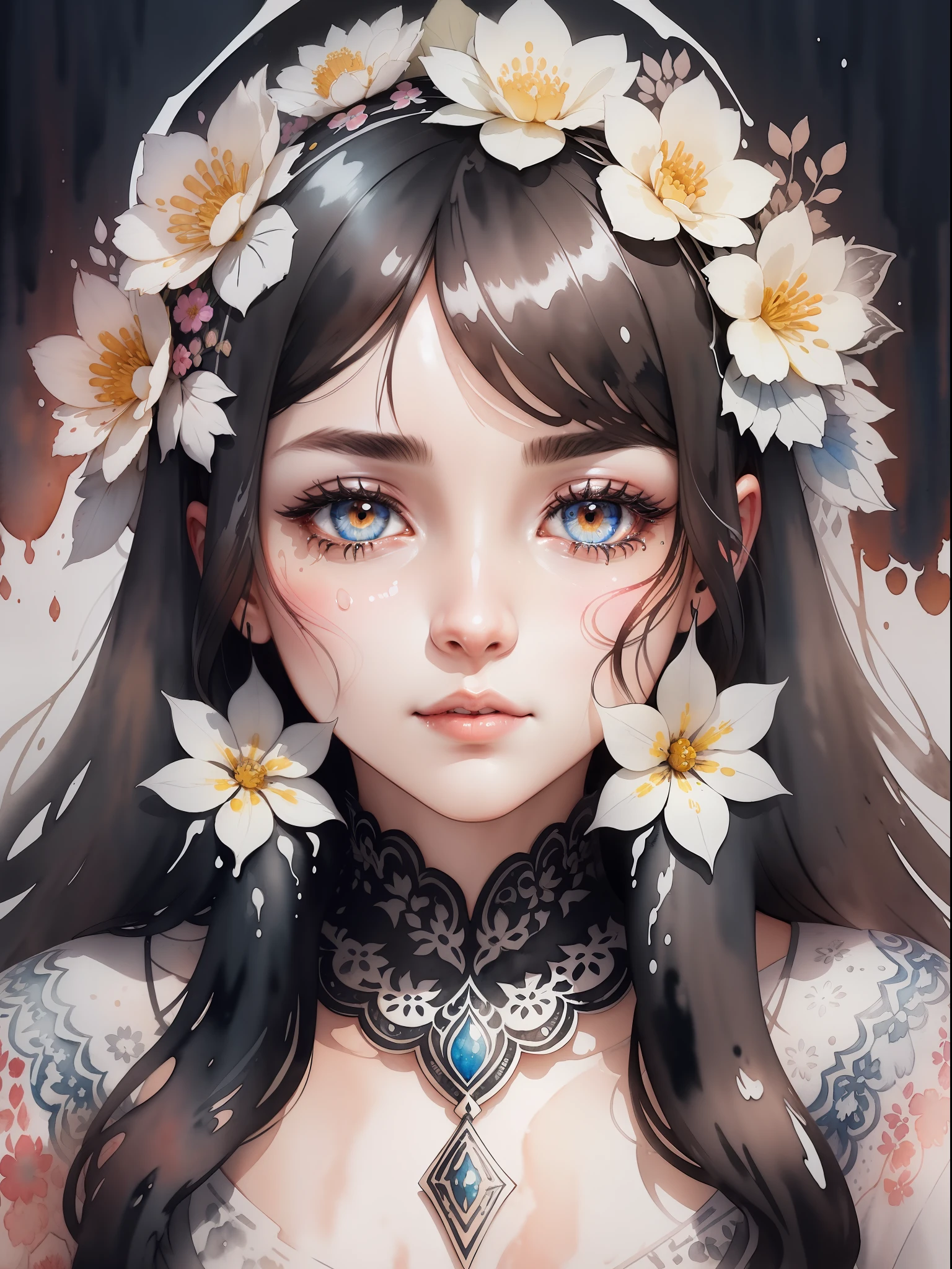 (rough handmade sketch) Attractive, intricate and highly detailed line art, watercolor illustration of a woman's head with ornament made of flowers, tetradic color, colorful and highly detailed dark brown eyes, beautiful eyes, black hair, straight and glowing long hair, perfectly centered image, (white background with watercolor splash), focus on face line, ((dripping watercolor)) ink outline, 32K, highest quality