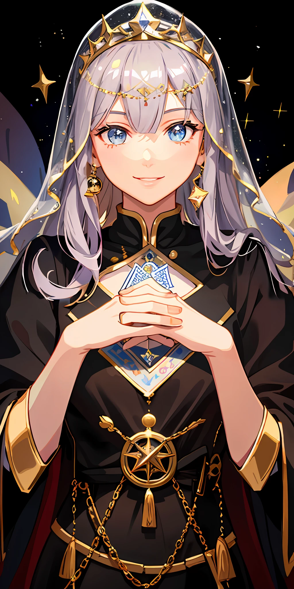 Space background, glitter background, fortune teller-like background, fortune-teller-like veil on the head