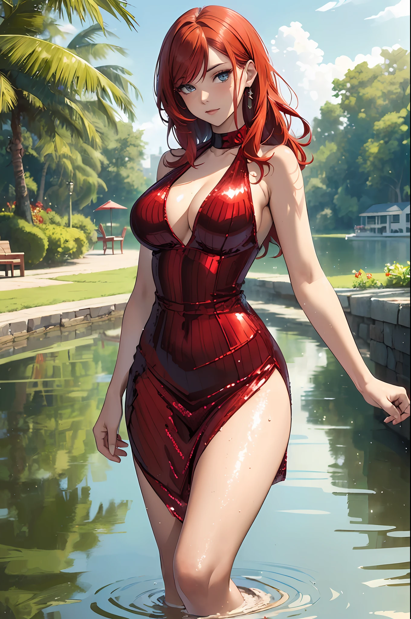 (masterpiece), best quality, closeup, (sexy woman:1.2), (lake view:0.8), (fiery red hair:1.1), (shimmering halter neck sleeveless sequined dress:1.3), (seductive expression:1.2), (rippling water reflections:1.1), (day time lighting:1.2), (sultry atmosphere:1.2)