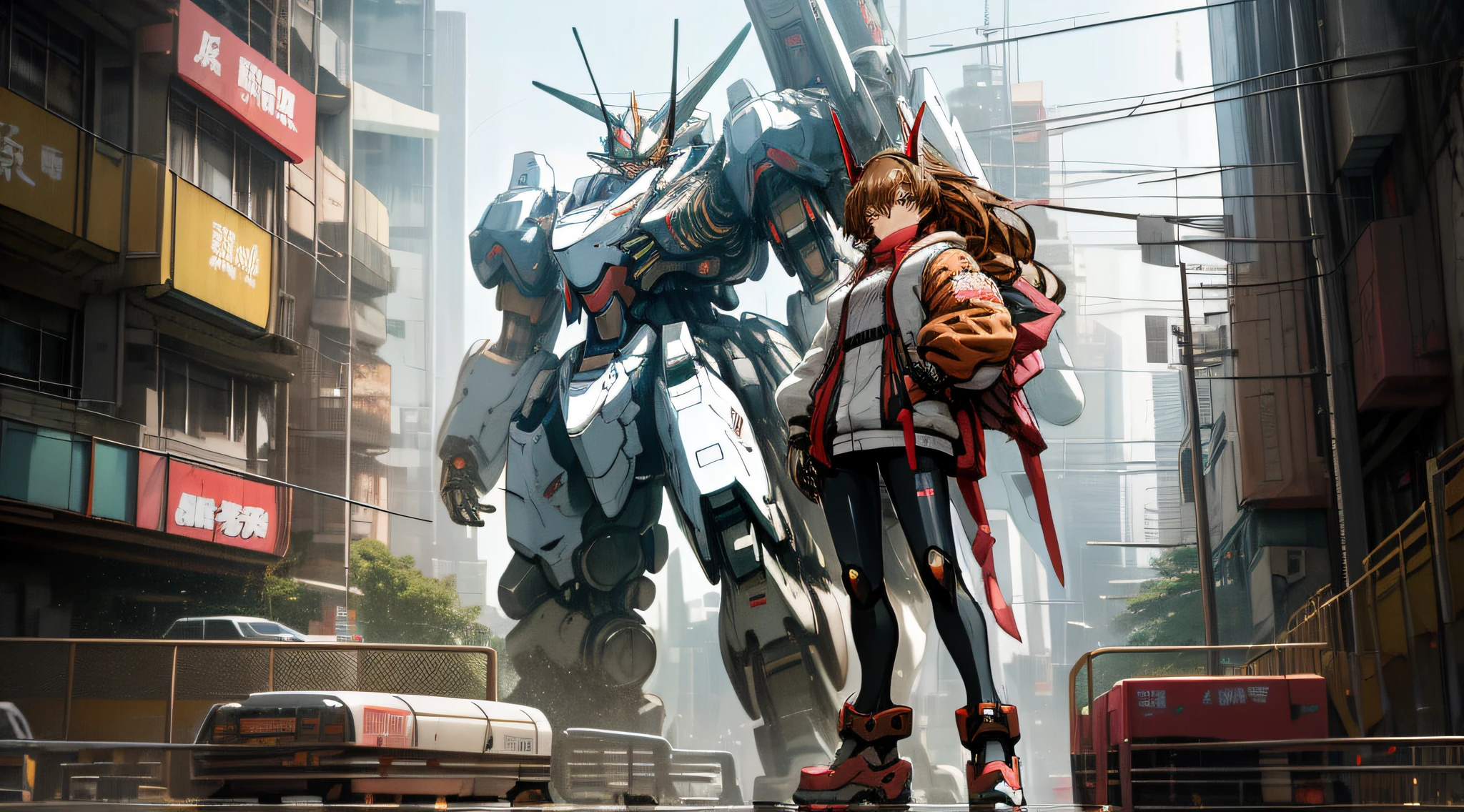anime characters standing in front of a giant robot in a city, anime mecha aesthetic, modern mecha anime, mecha asthetic, cyberpunk anime girl mech, digital cyberpunk anime art, cool mecha style, best anime 4k konachan wallpaper, krenz cushart and wenjun lin, girl in mecha cyber armor, female mecha, brown hair
